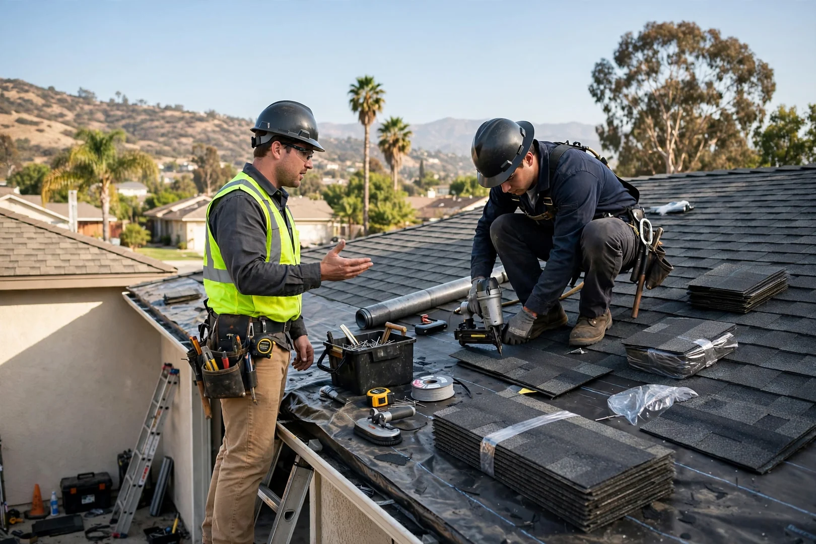 Roofing inspector documenting flashing and shingle condition on a San Dimas home roof