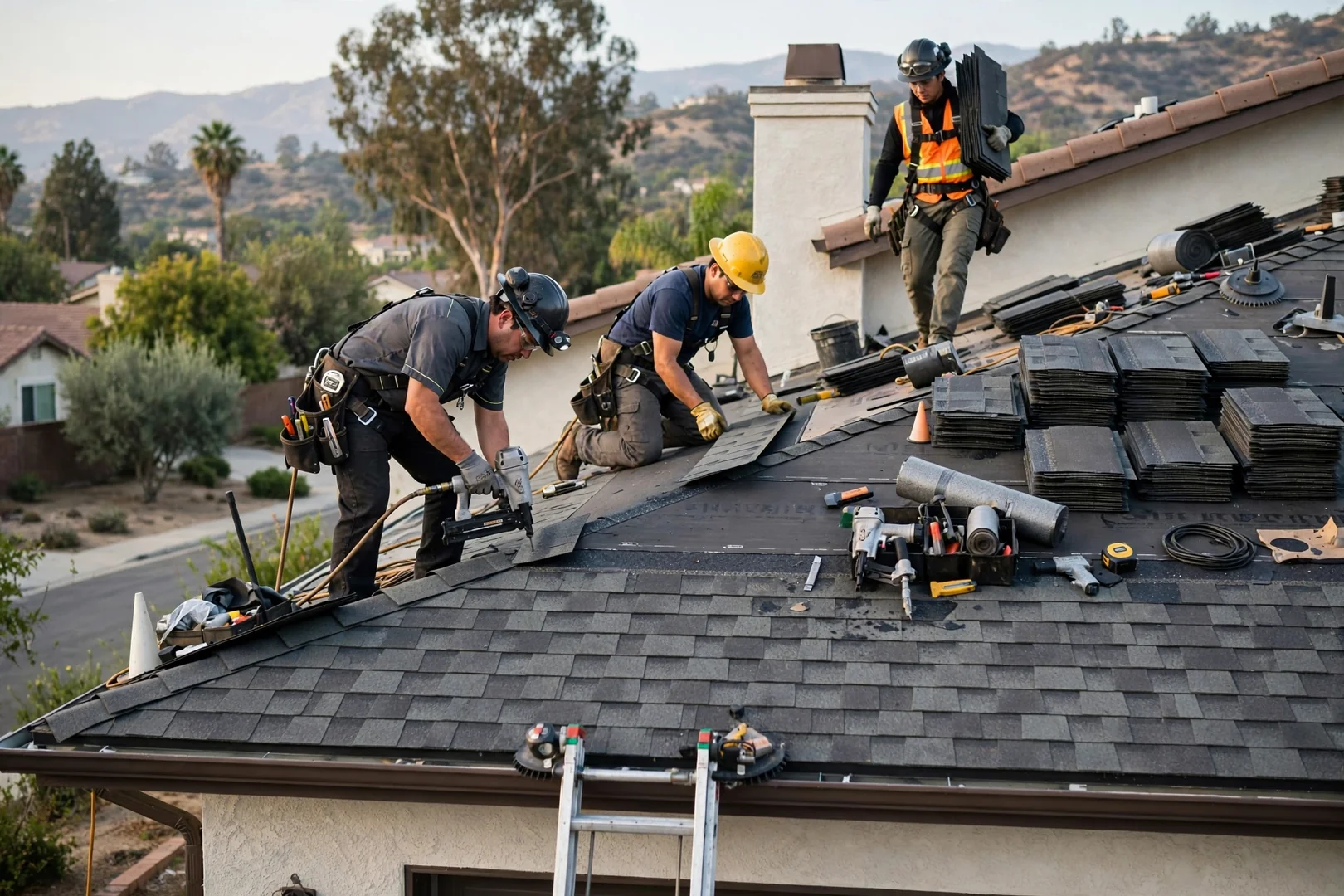 Roofer measuring damaged shingle section while preparing a written roof repair estimate