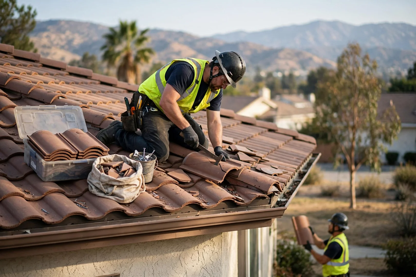 Roofer replacing cracked tiles on a San Dimas home during a scheduled repair visit