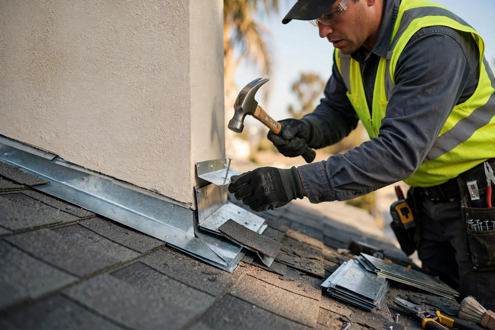Close view of new step flashing installed along a roof-to-wall transition