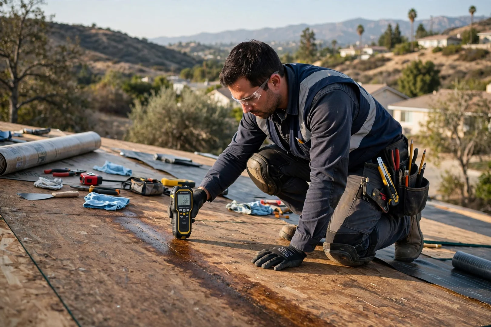 Technician using a moisture meter to trace a leak across roof decking