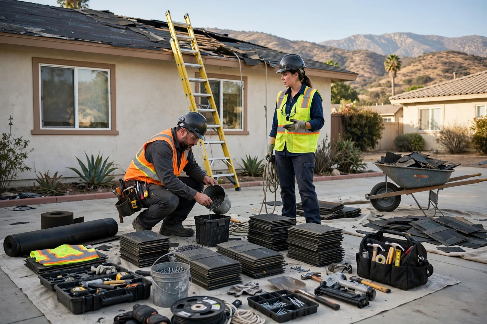 Organized material staging and tools set up for an efficient roof repair job