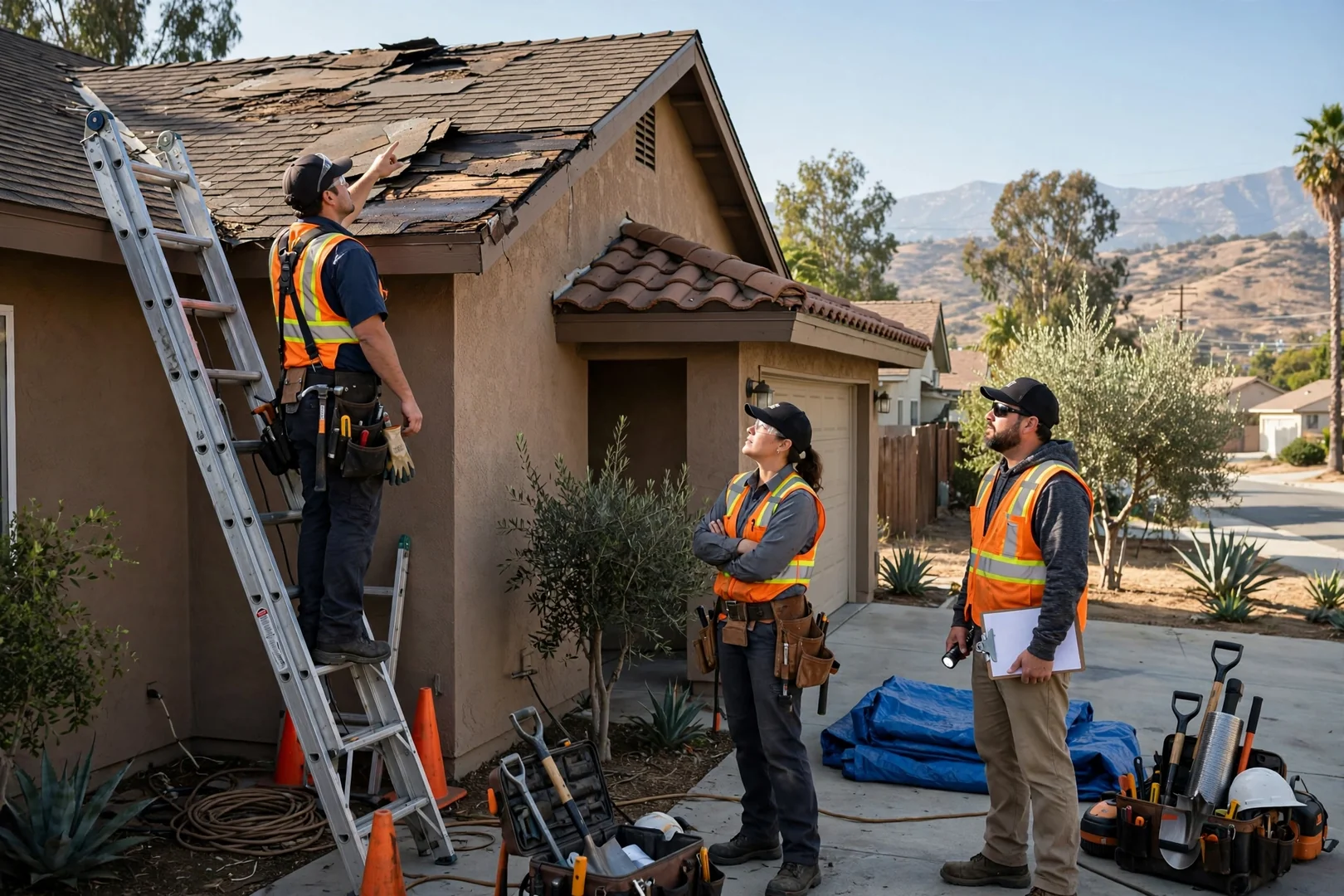 Water stained ceiling below a roof leak in a San Dimas home