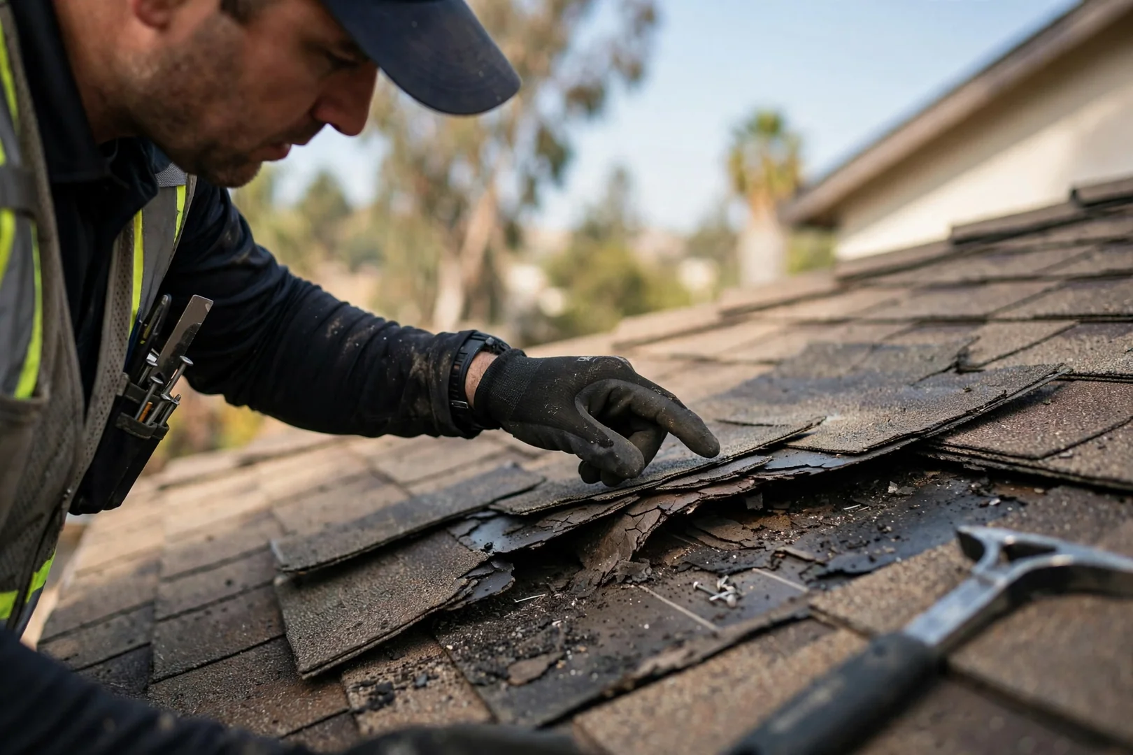 Lifted flashing and cracked tile near a roof vent penetration