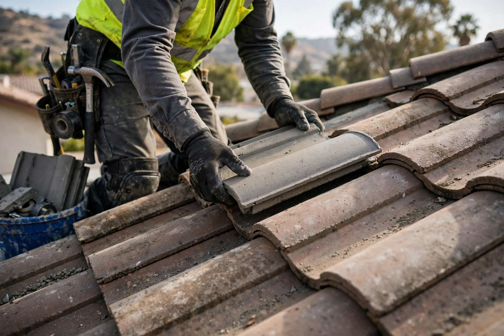 Close-up of replaced concrete roof tiles blending into an existing San Dimas tile field