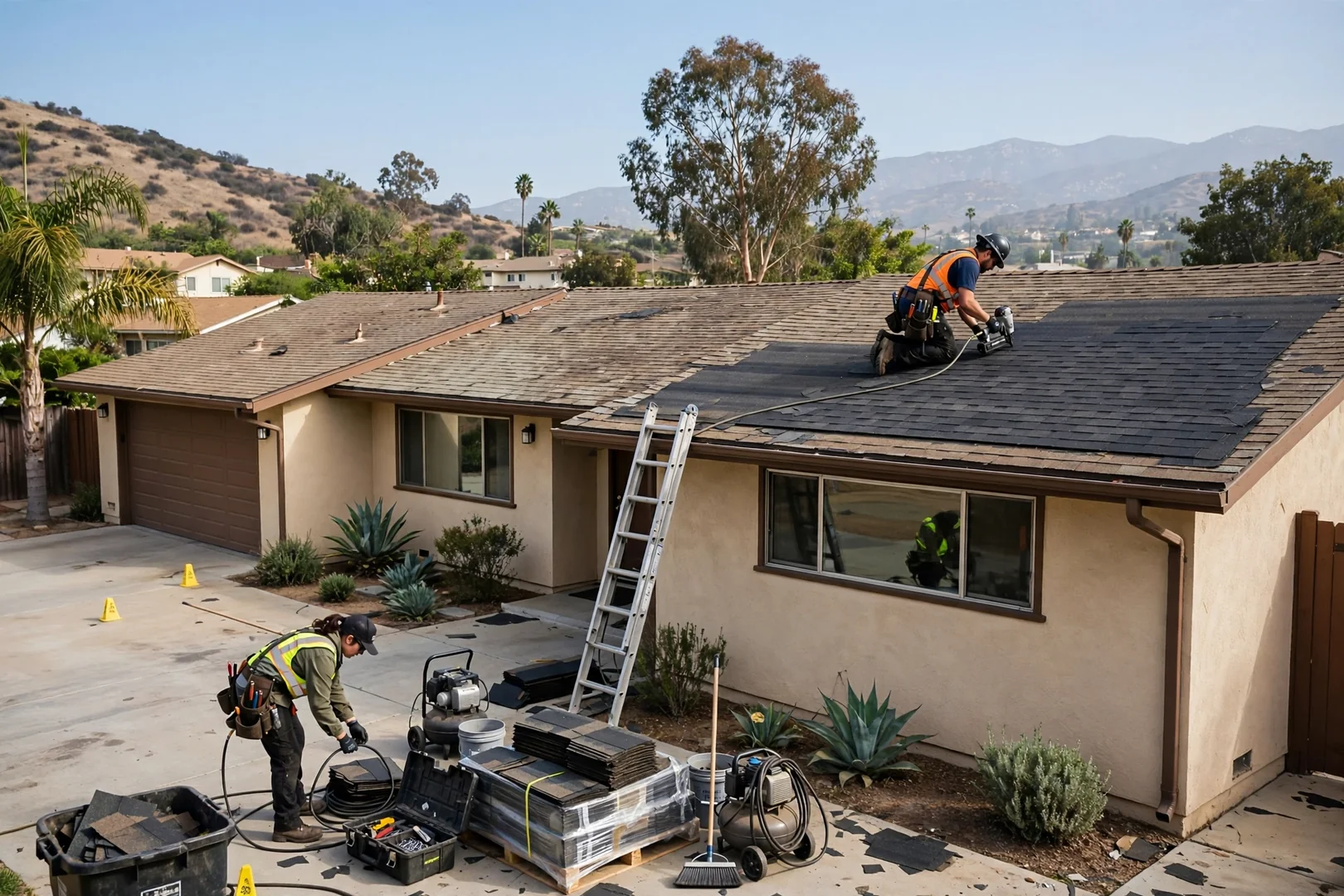 Wide view of a ranch-style home with a freshly patched composition shingle slope