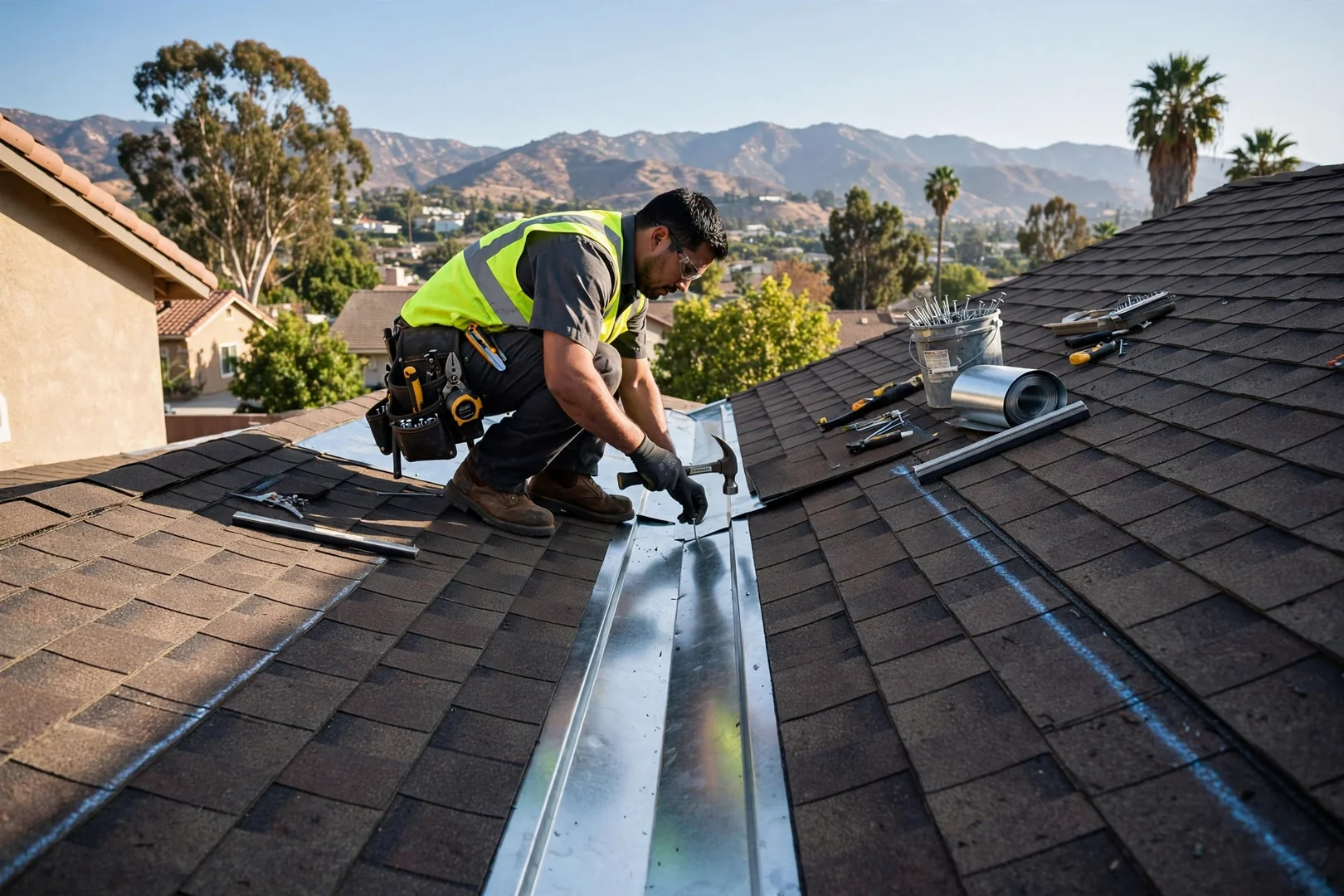 New galvanized valley metal installed between two shingle planes on a residential roof