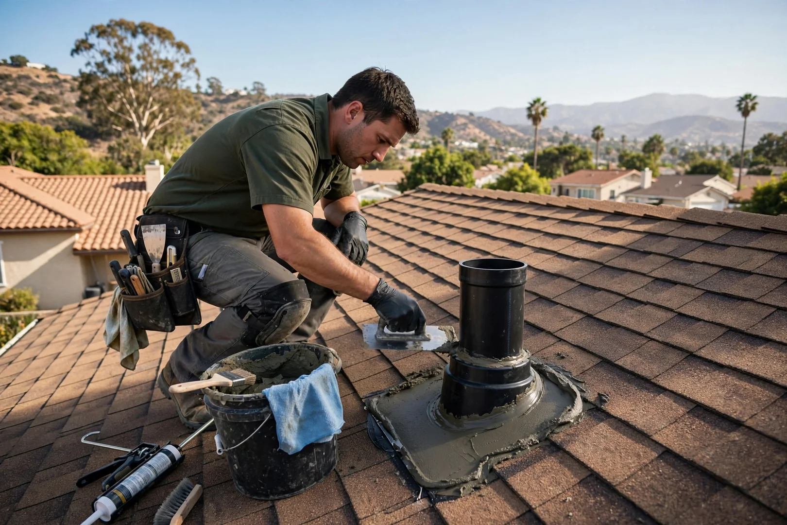 Roofer sealing a replaced pipe boot with fresh flashing cement on a sunny roof