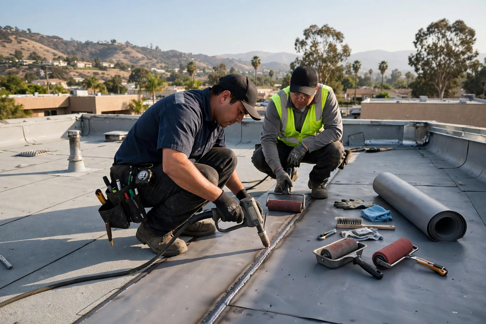 Low-slope membrane patch heat-welded on a small San Dimas commercial rooftop