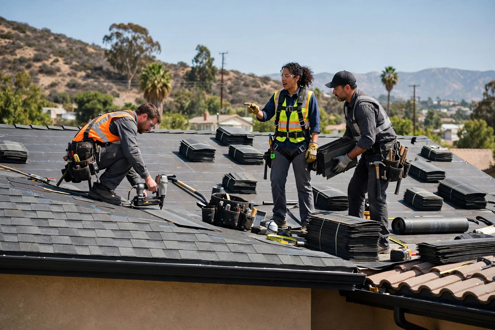 Roofing technician sealing flashing during a targeted roof repair on a San Dimas home