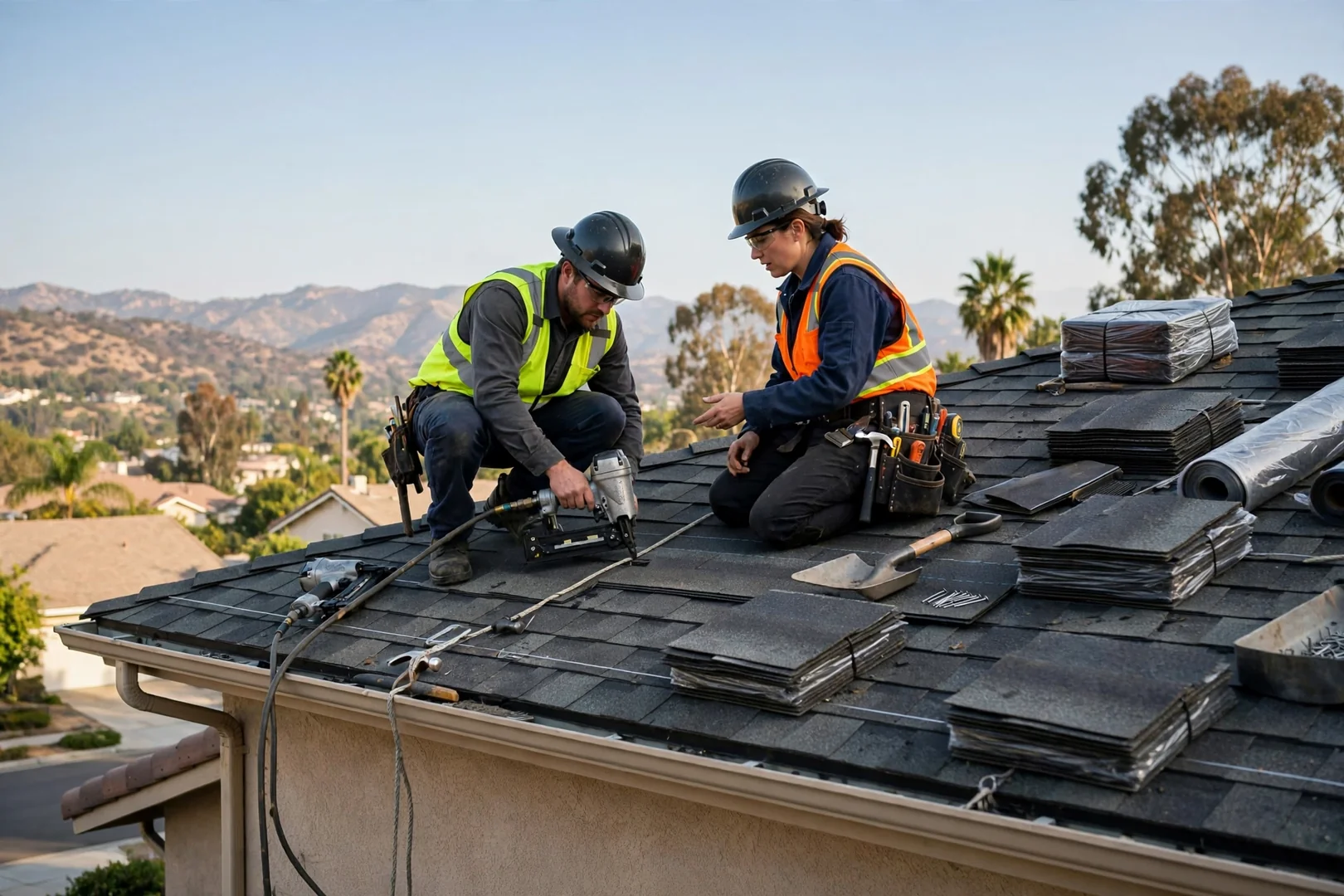 Roofing estimator measuring a residential roof plane during a replacement cost assessment