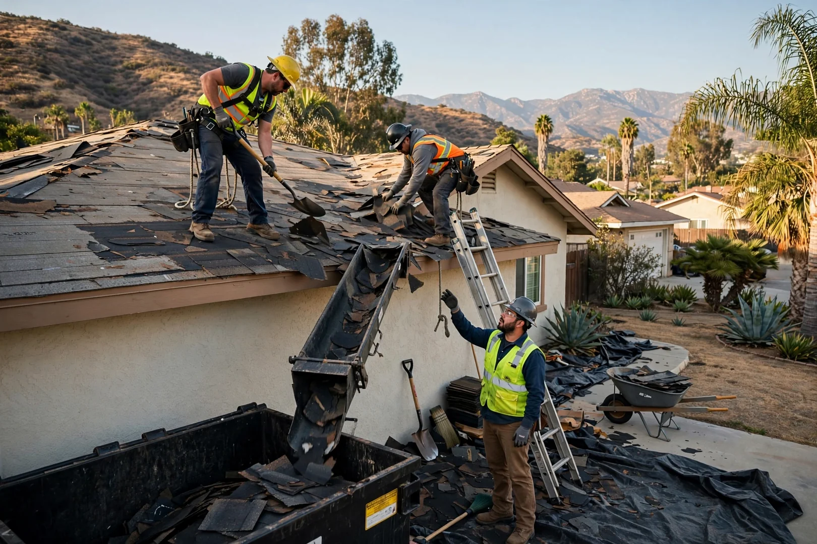 Roofing crew completing shingle tear-off on a San Dimas single-family home