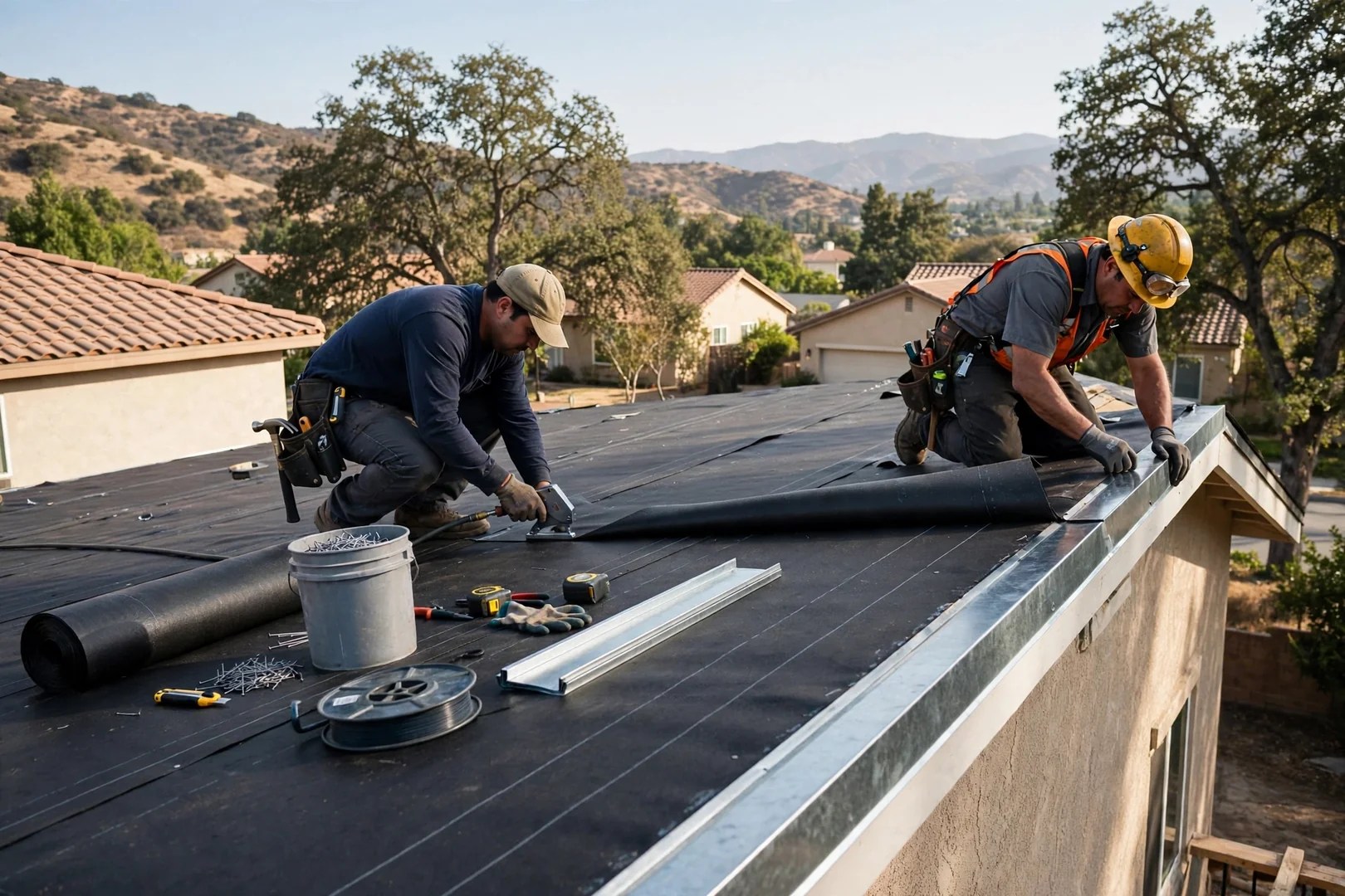 New synthetic underlayment and drip edge installed across an exposed roof deck