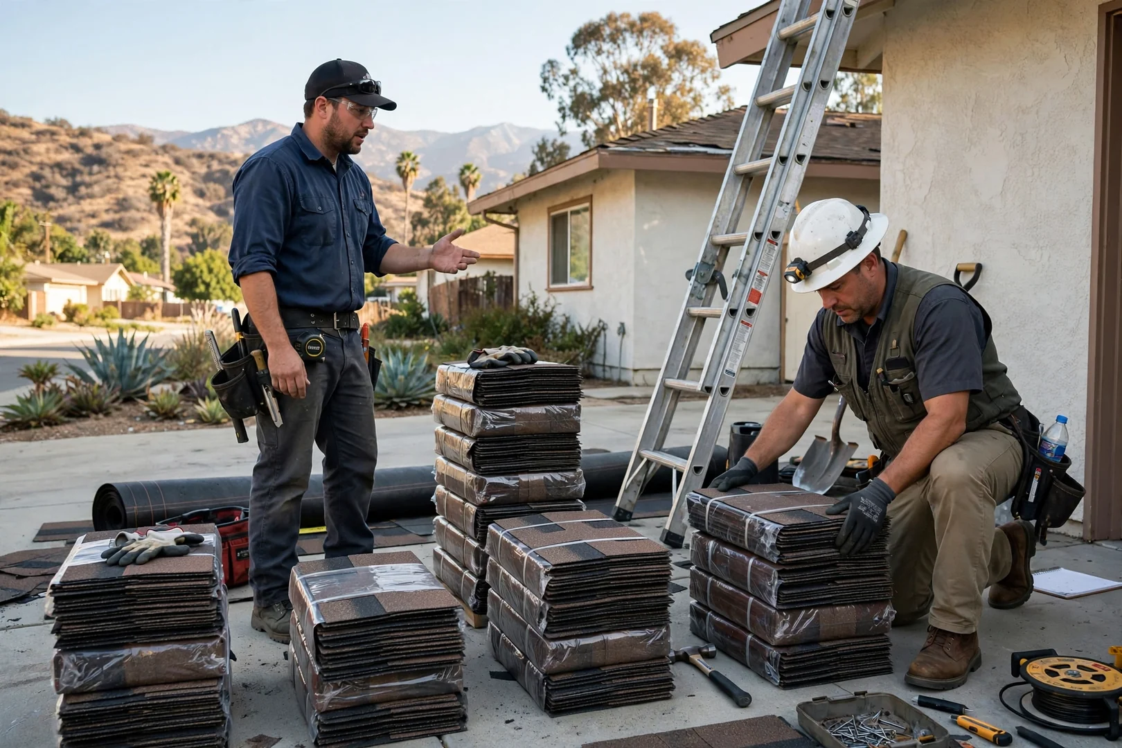 Stacks of replacement shingles staged near a ladder before installation begins