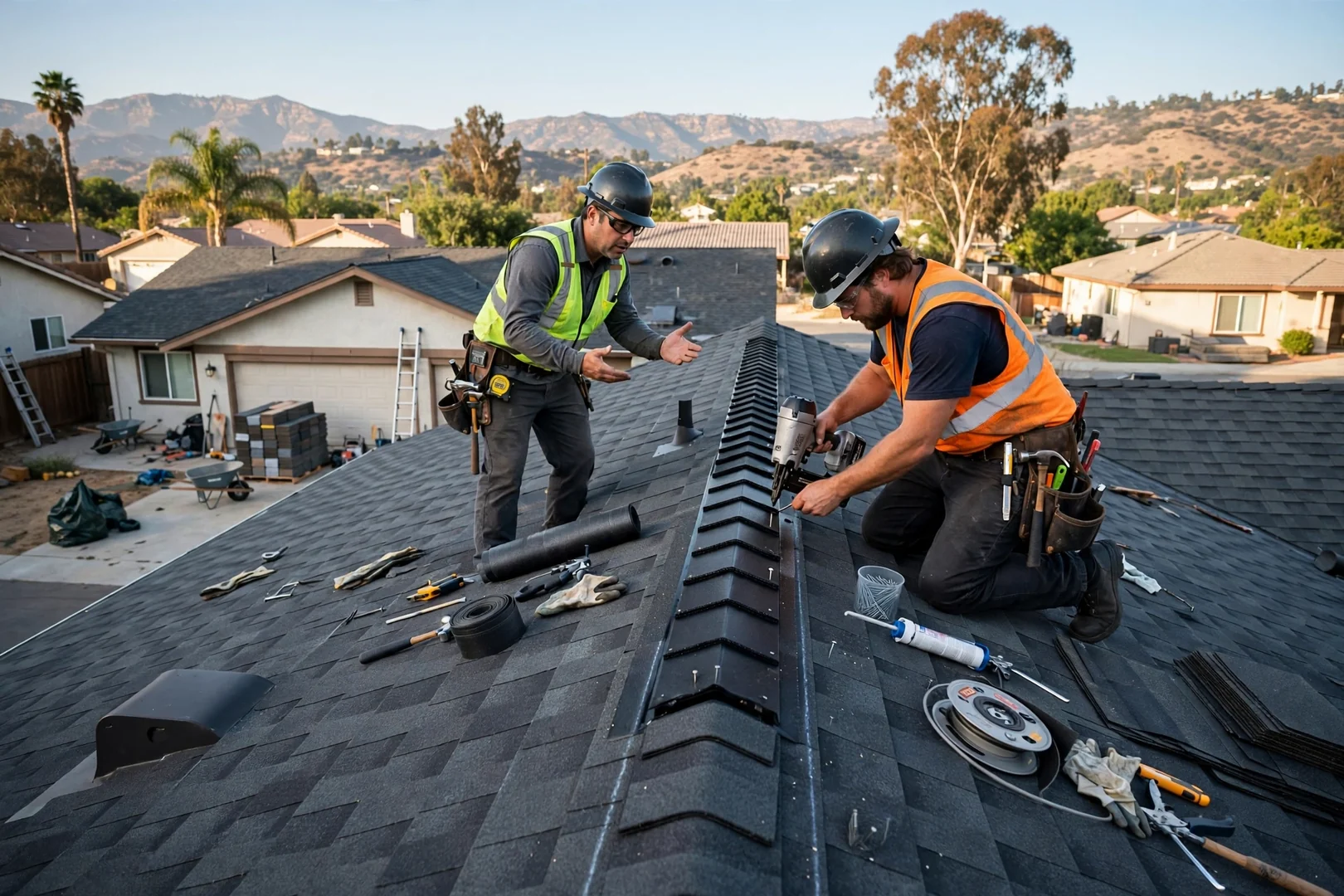 Finished asphalt shingle roof with ridge vent on a residential property
