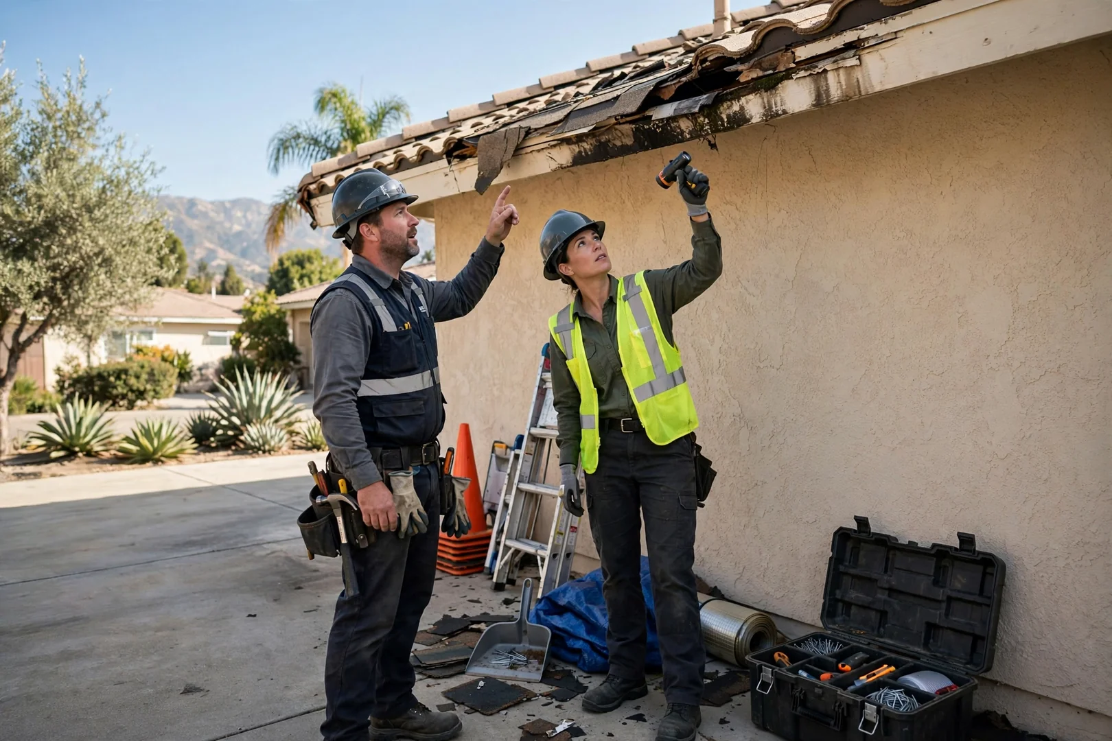Curling shingles and granule loss on an aging roof slope