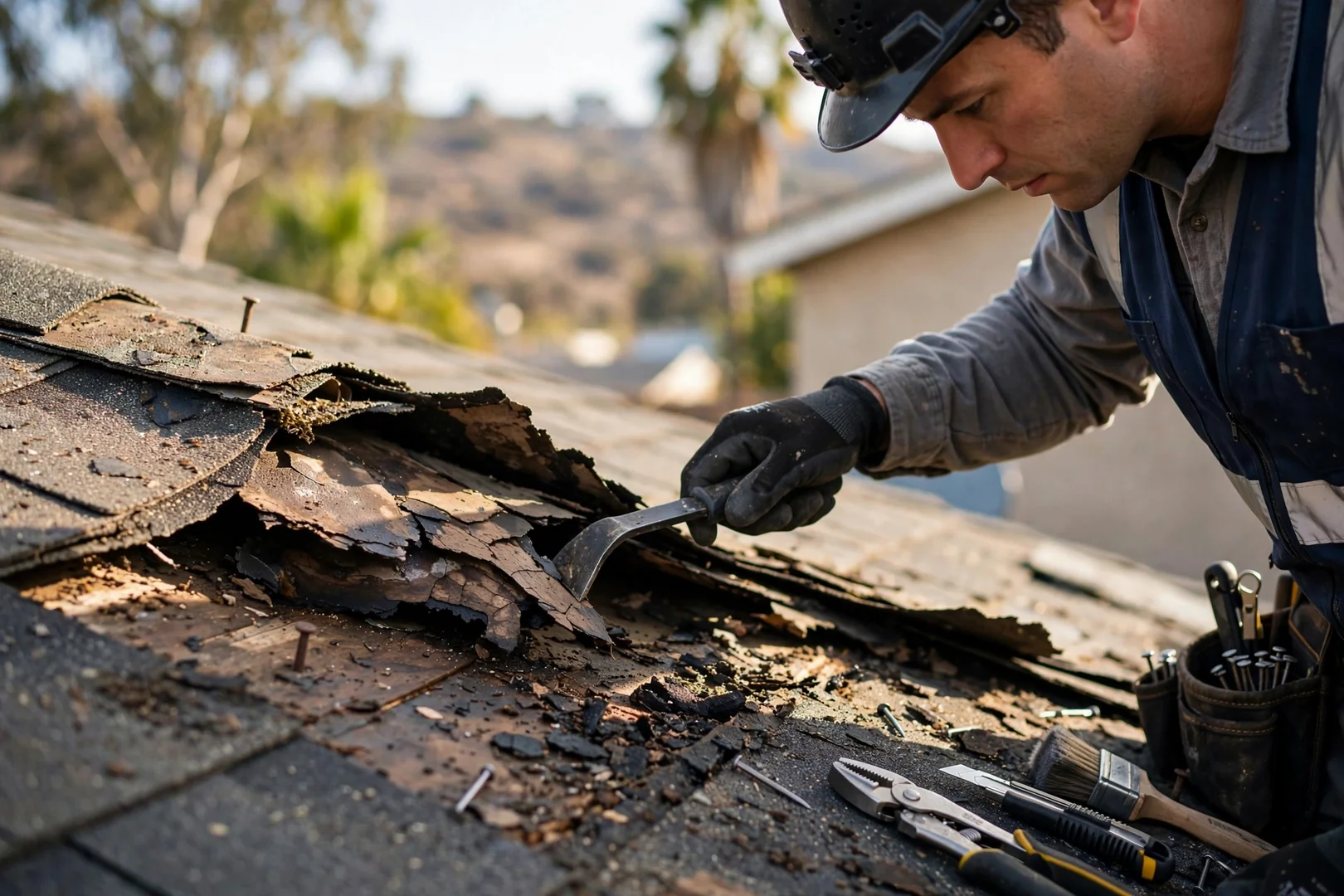 Water stained attic sheathing beneath a failing roof deck