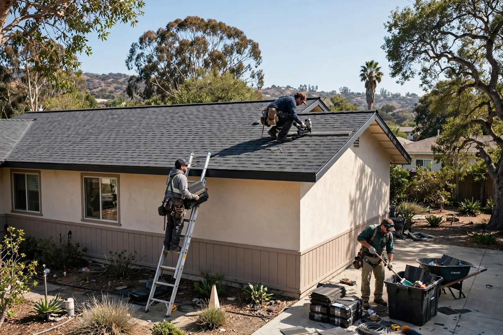 Finished architectural shingle roof on a single-story San Dimas ranch home