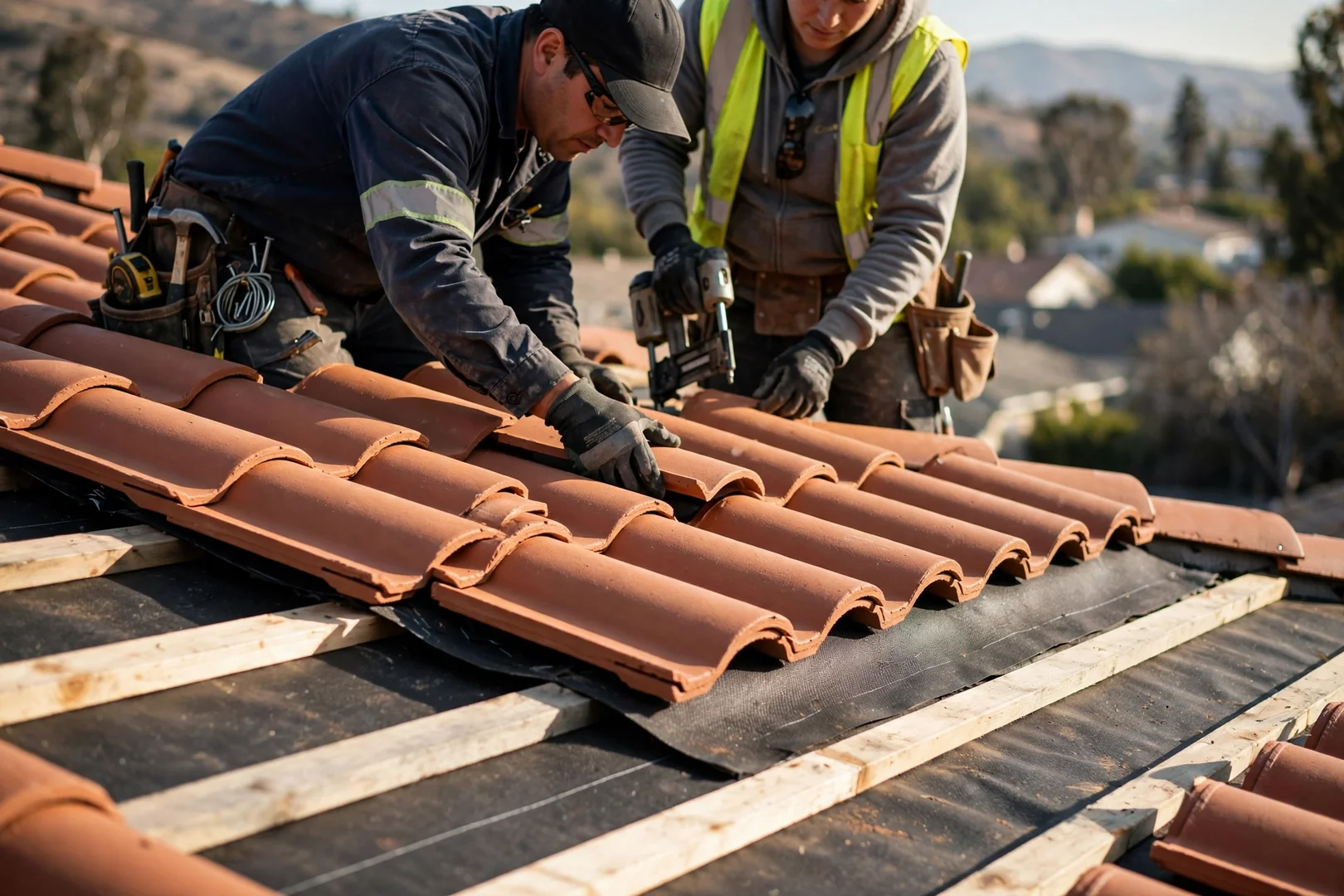 Concrete tile roof reinstalled over new underlayment on a two-story home