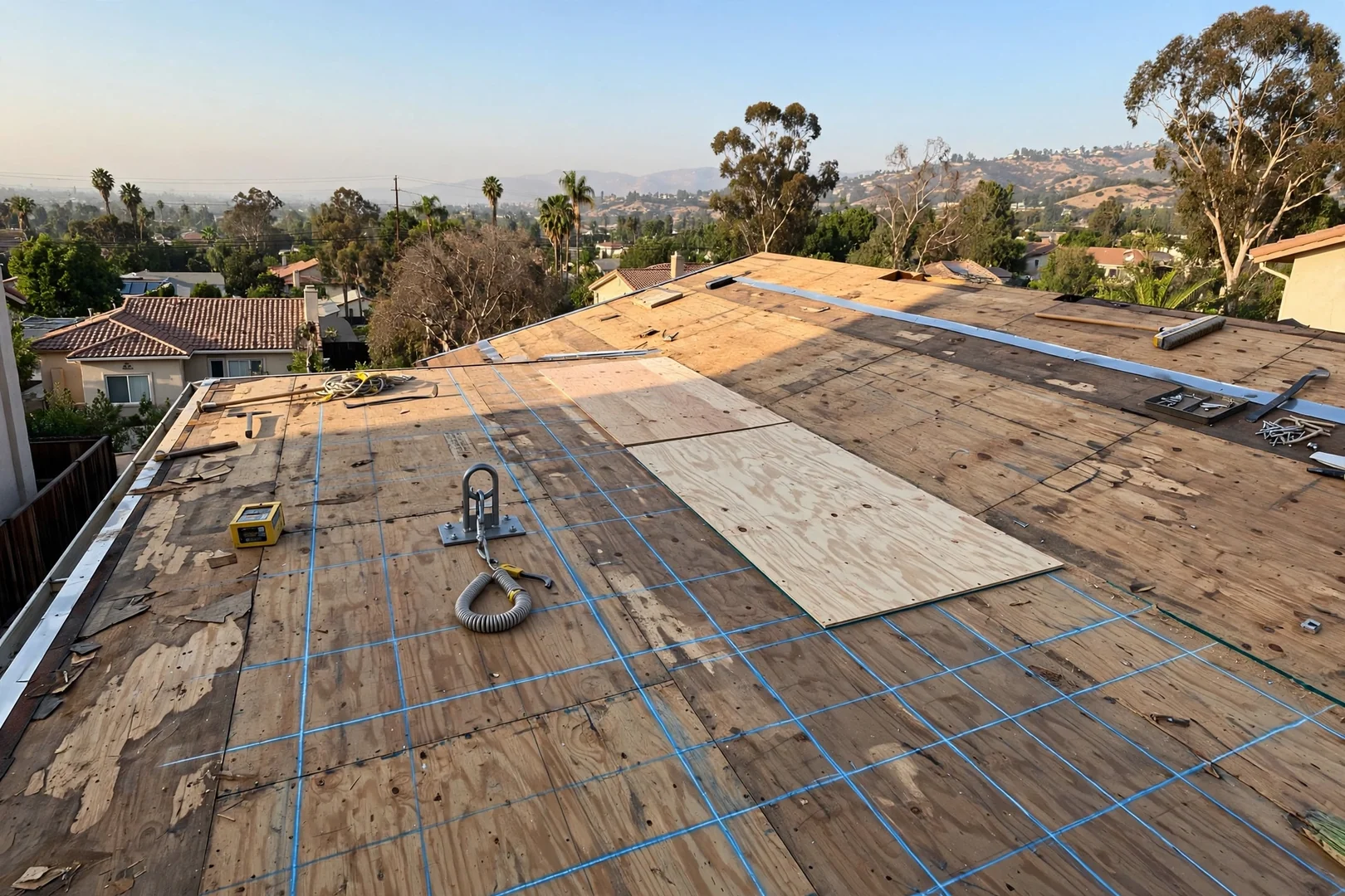 Roof deck stripped to plywood with new sheathing panels replaced near valley