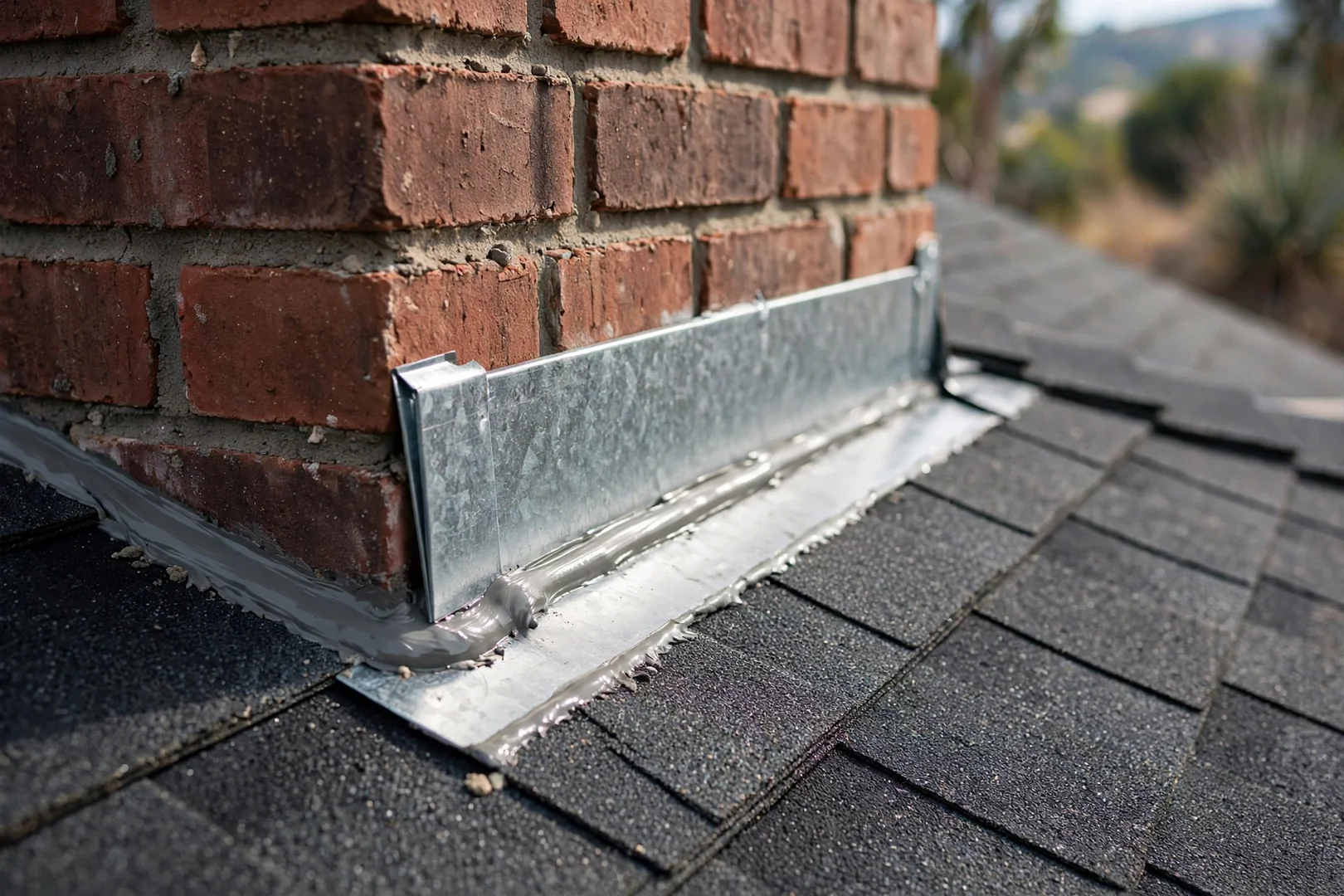 New step flashing and counterflashing fitted at a chimney during roof replacement