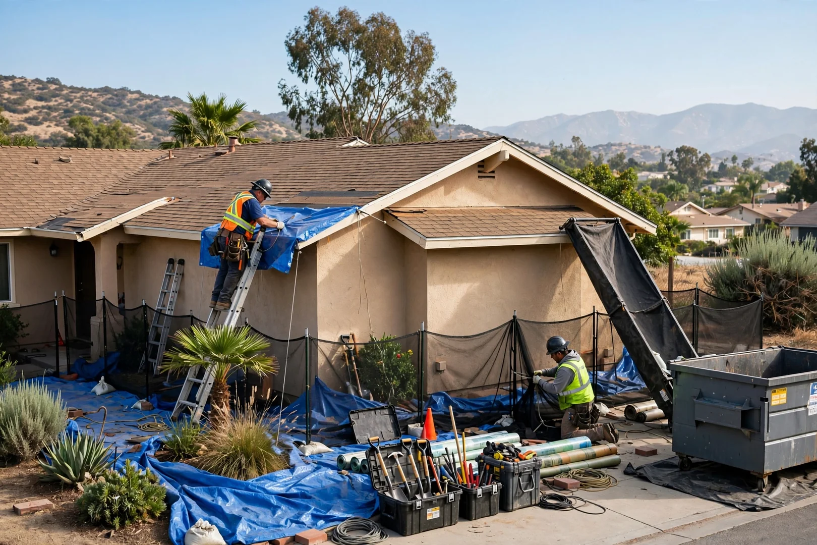 Protective tarps and debris containment set up before a residential tear-off