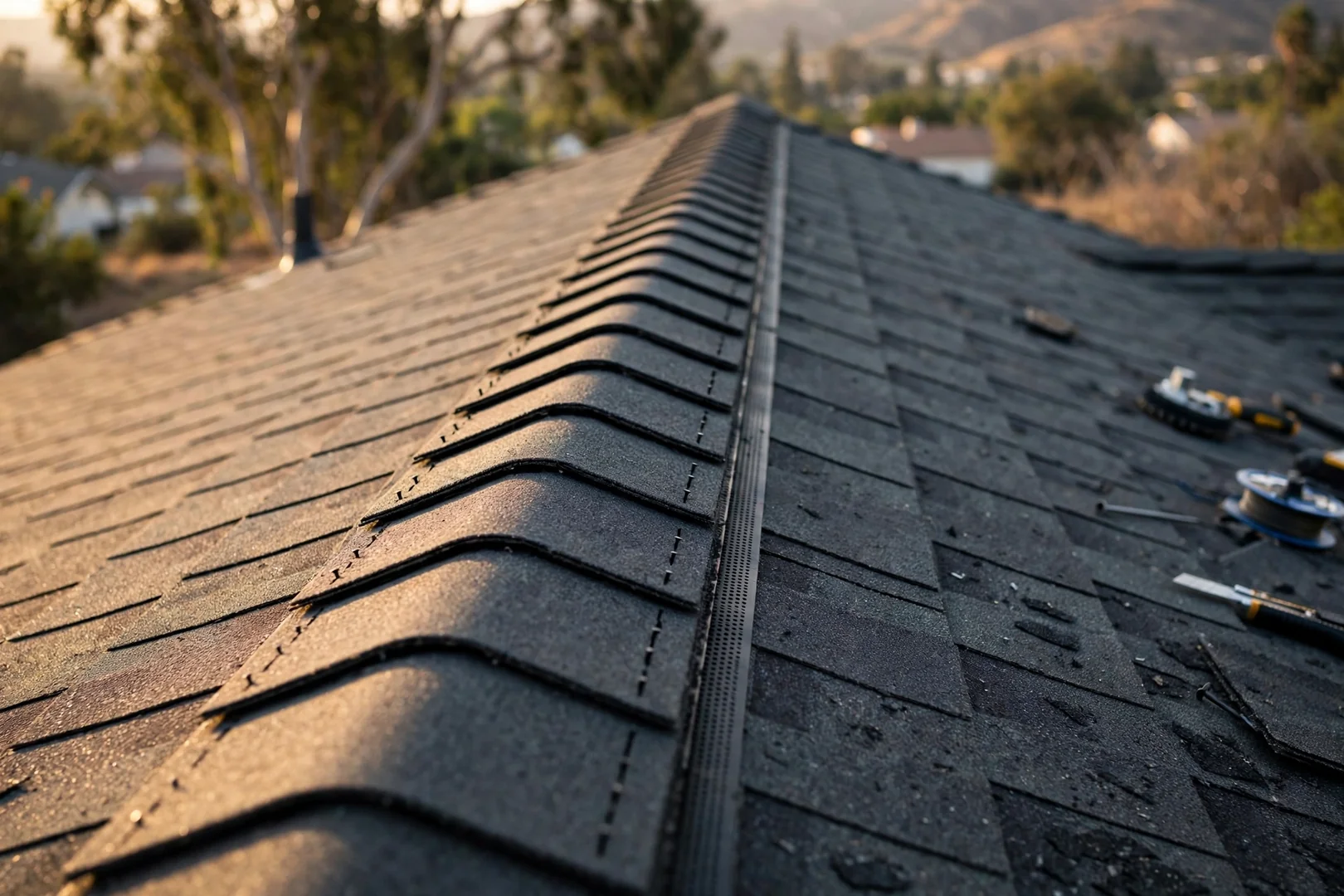 Ridge vent and cap shingles completing a finished roof replacement in San Dimas