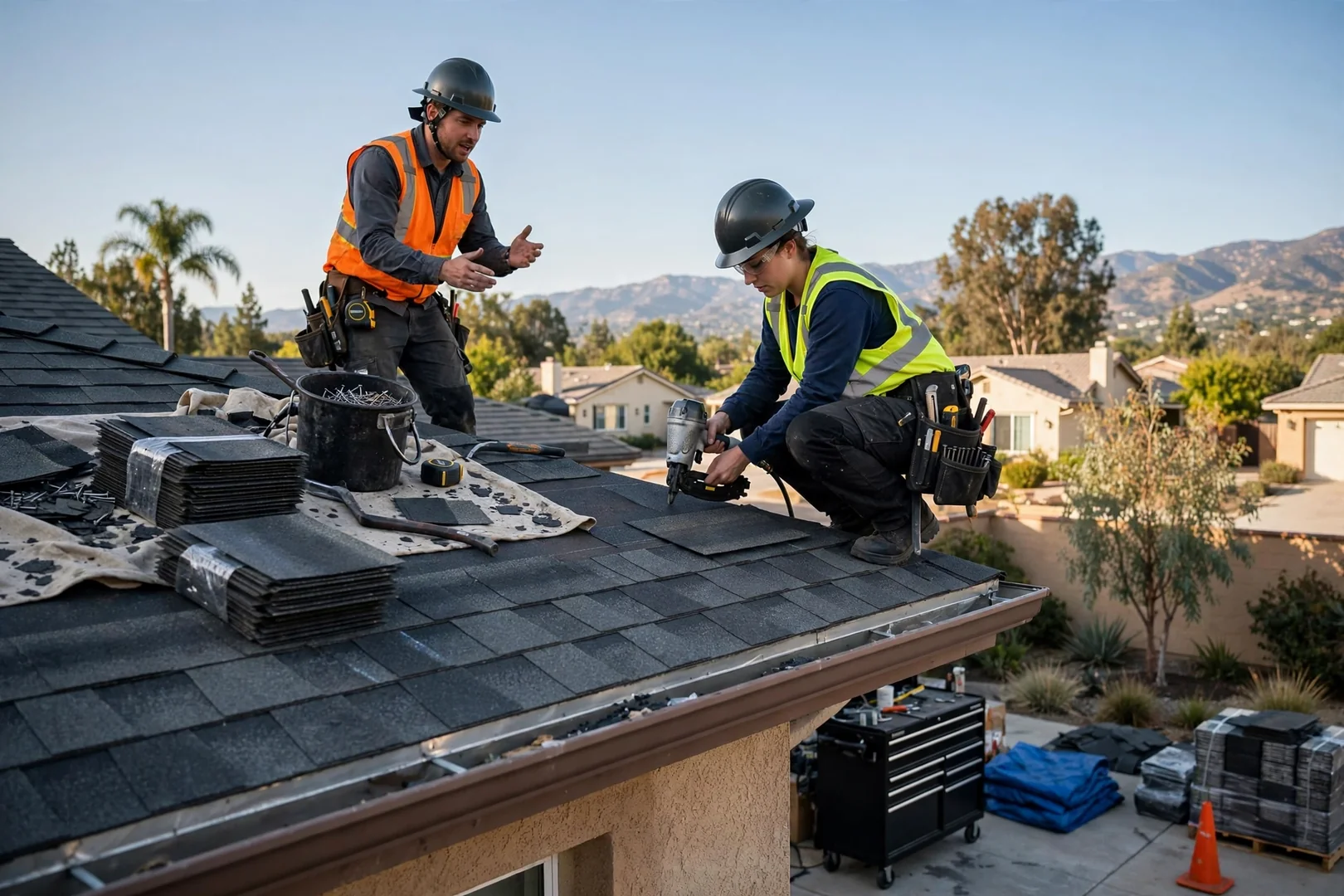 Roofing crew installing new underlayment and shingles during a full roof replacement in San Dimas