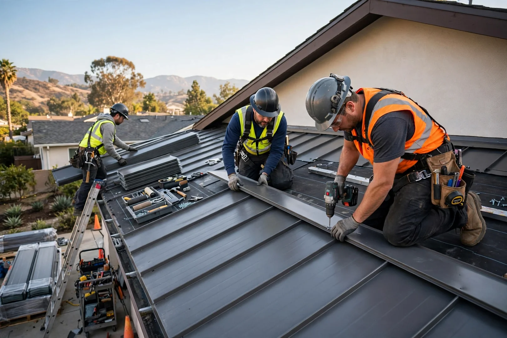 Crew securing a tarp over wind-lifted shingles after a San Dimas rainstorm