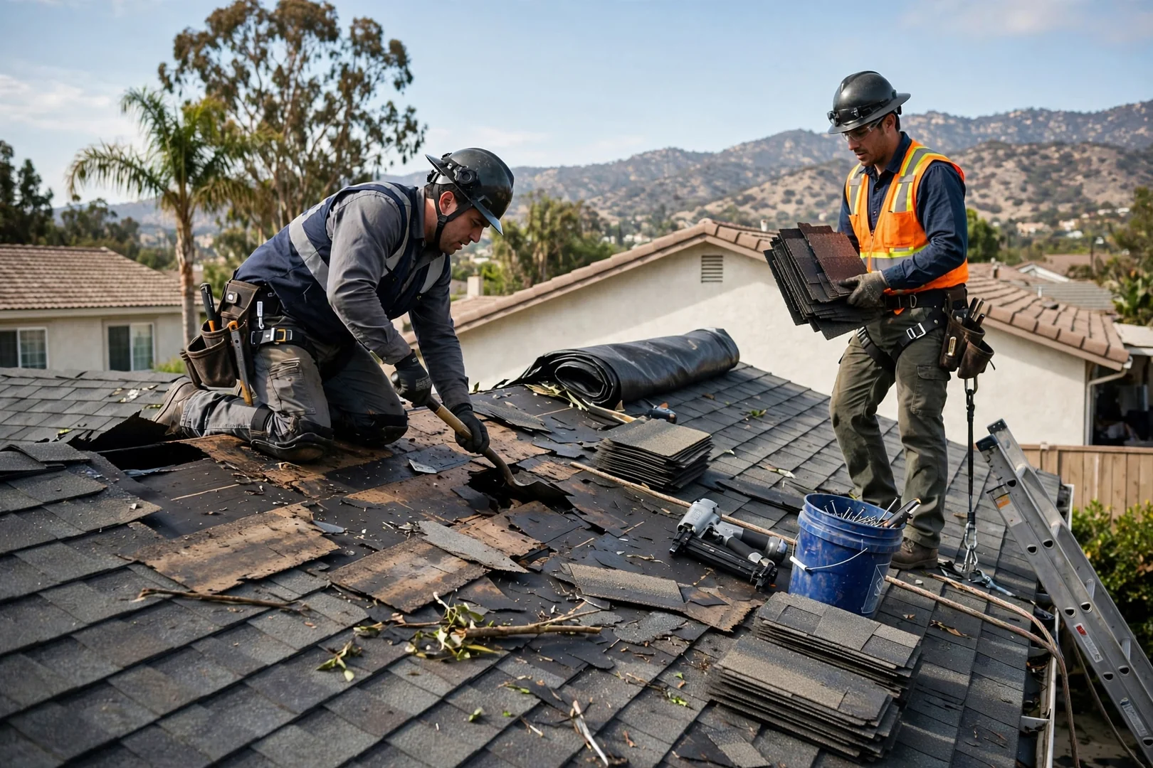 Standing seam metal panels being aligned and fastened on a residential roof deck
