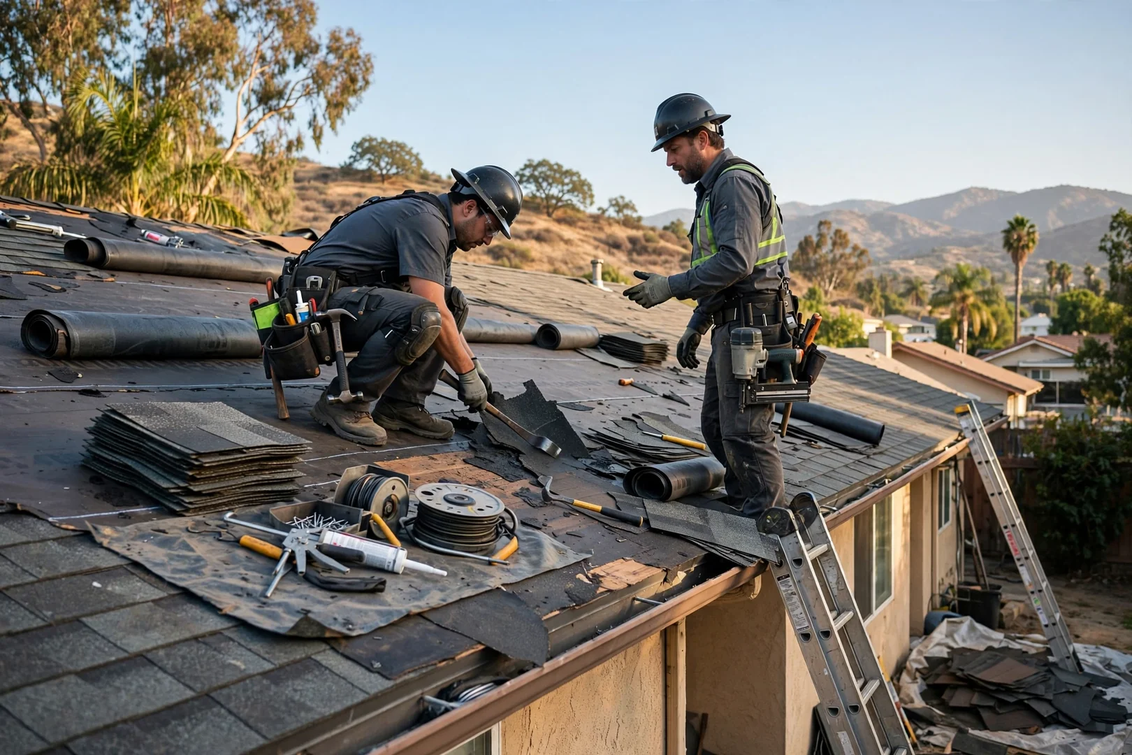 Tear-off and new underlayment installation progressing across a San Dimas home roof