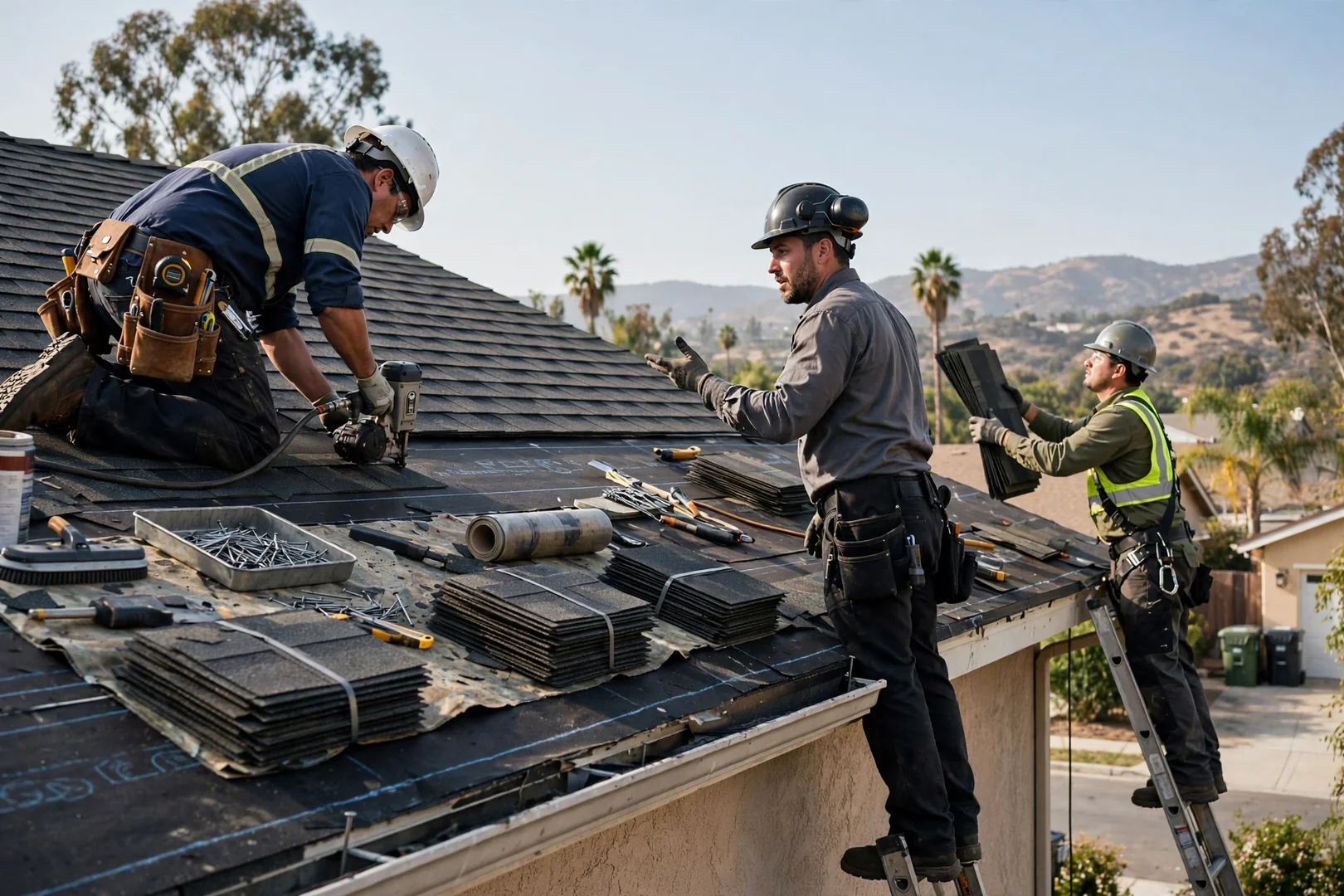 Roofing crew staging materials on a San Dimas home rooftop