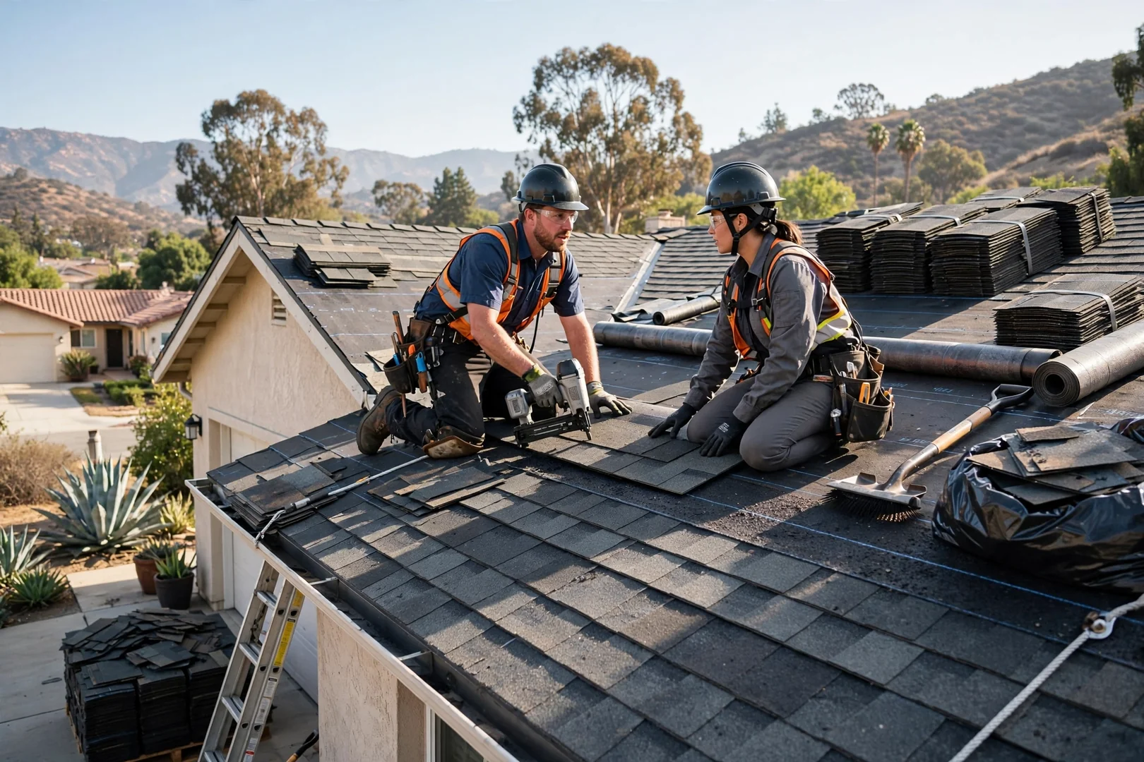 Roofer reviewing completed roof photos with a homeowner during a walkthrough