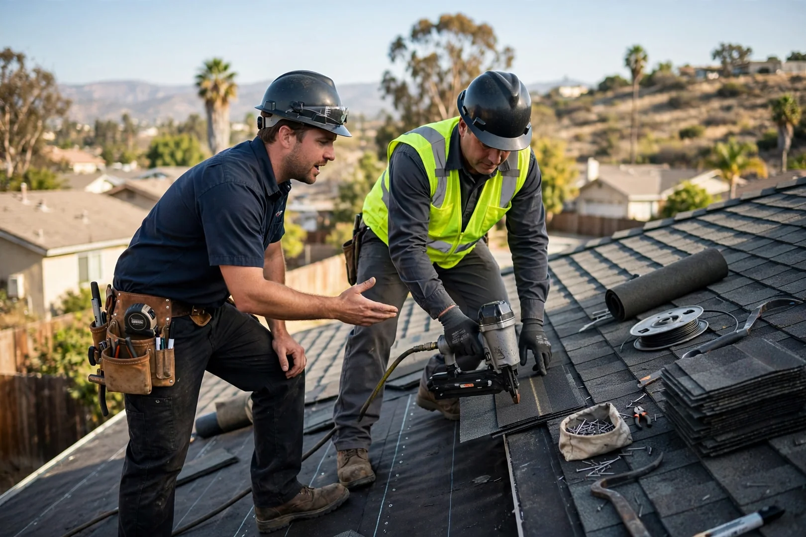 Written roofing estimate with itemized materials and labor lines on a clipboard