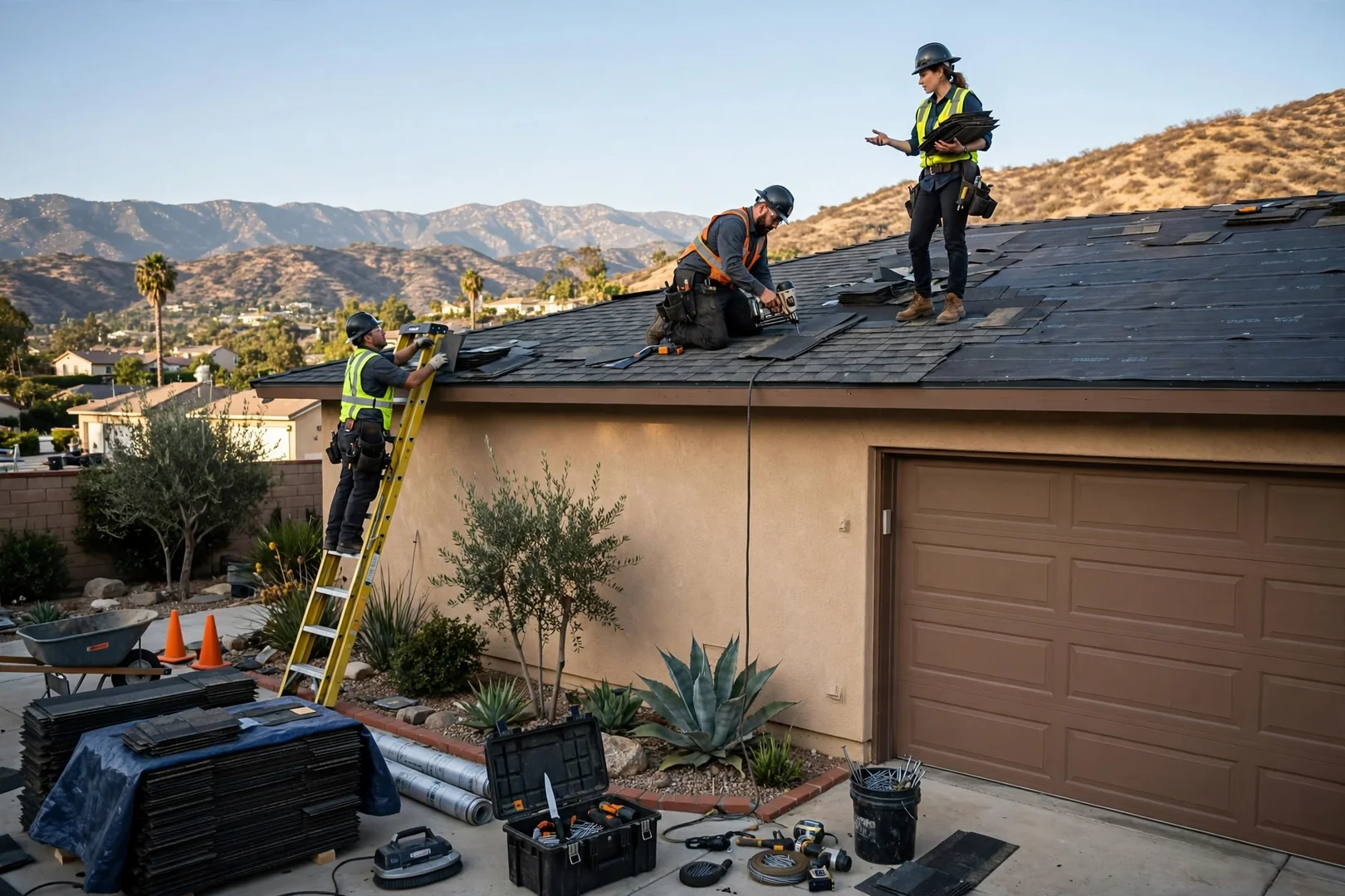 Roofing estimator measuring a residential roof and reviewing material options with a homeowner in San Dimas