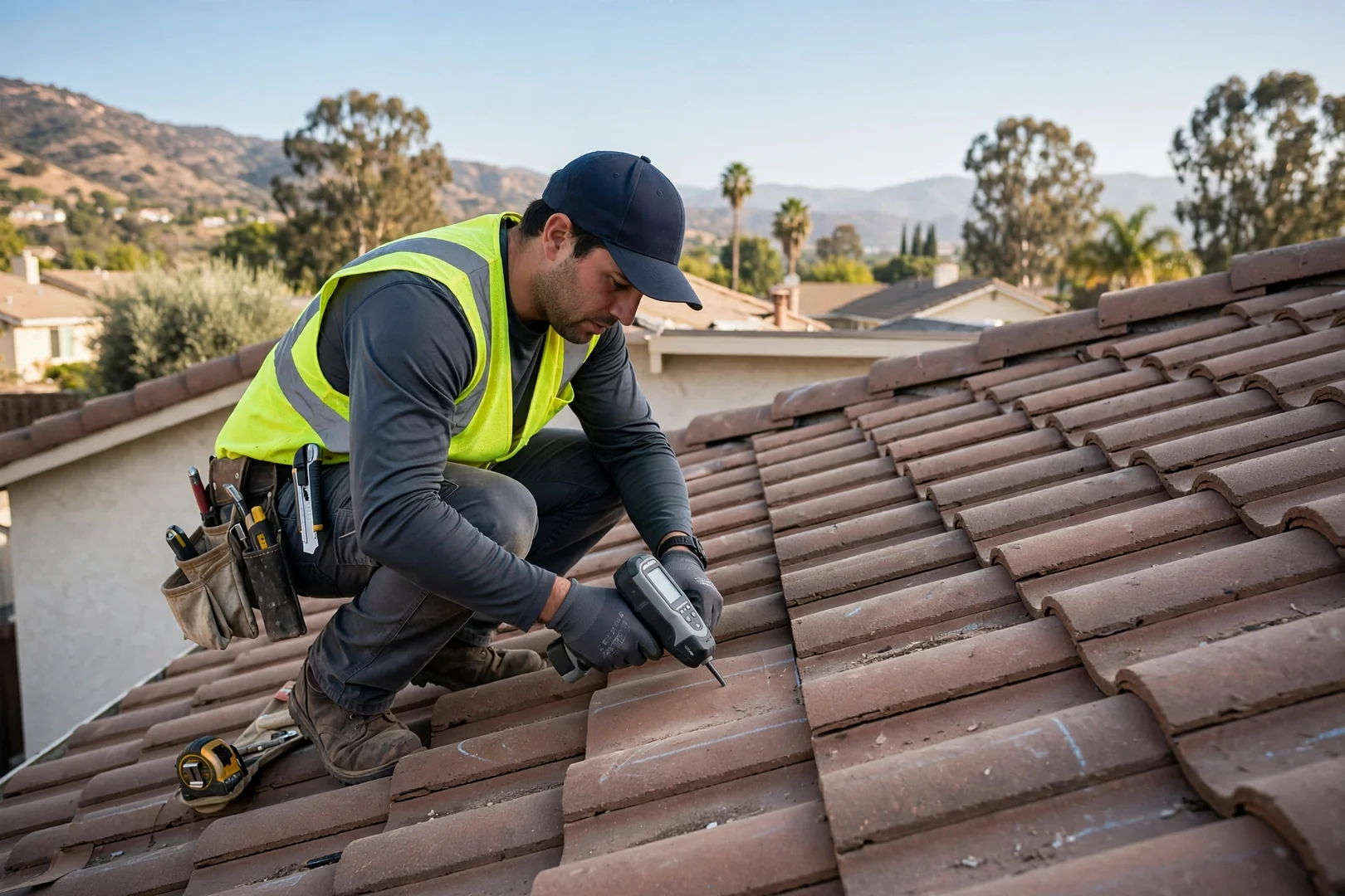Technician using a moisture meter during a tile roof inspection in San Dimas
