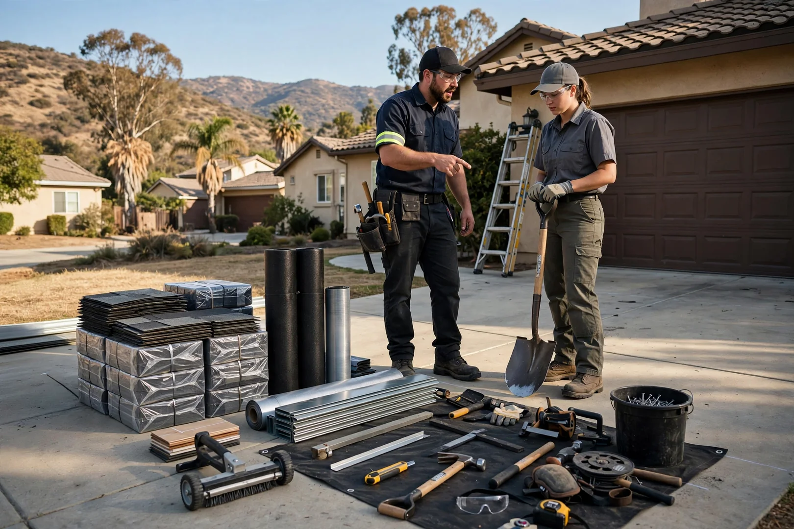 Roofing tools and staged materials organized on a residential driveway before tear-off