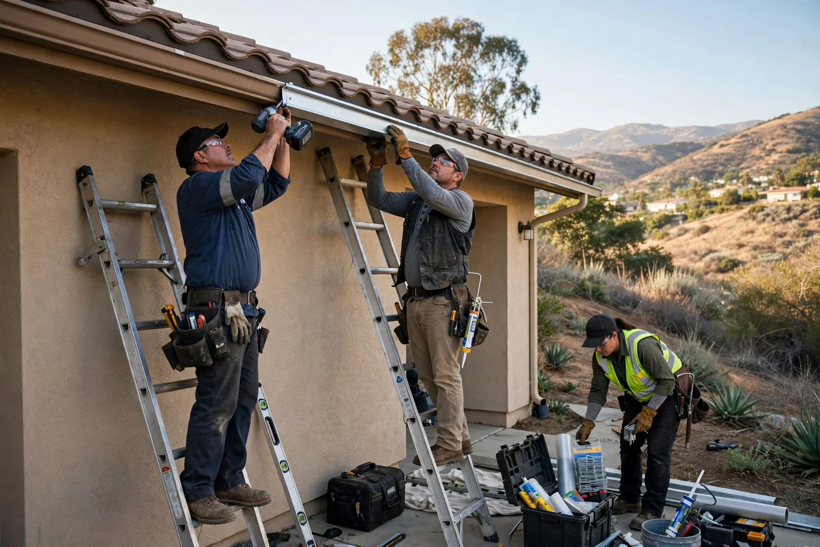 Crew installing seamless gutters along the eave of a foothill area home