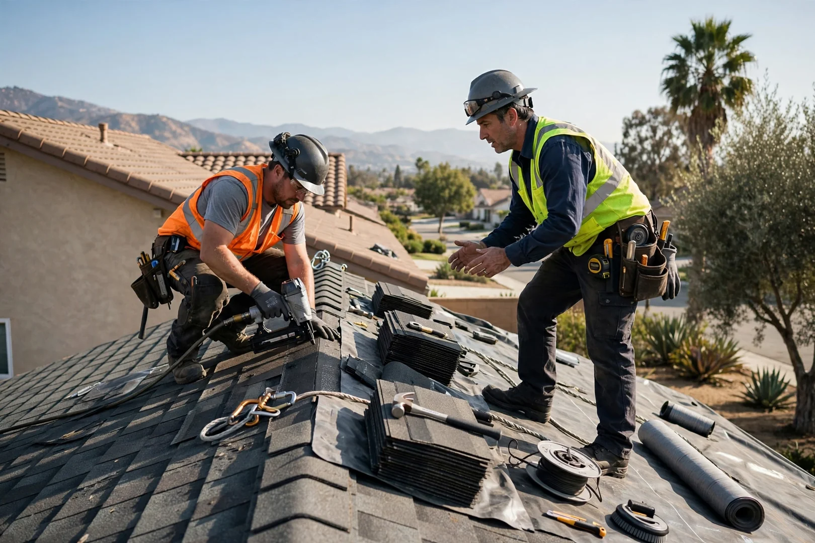 Roofing estimator reviewing written quote details with a homeowner beside a San Dimas home