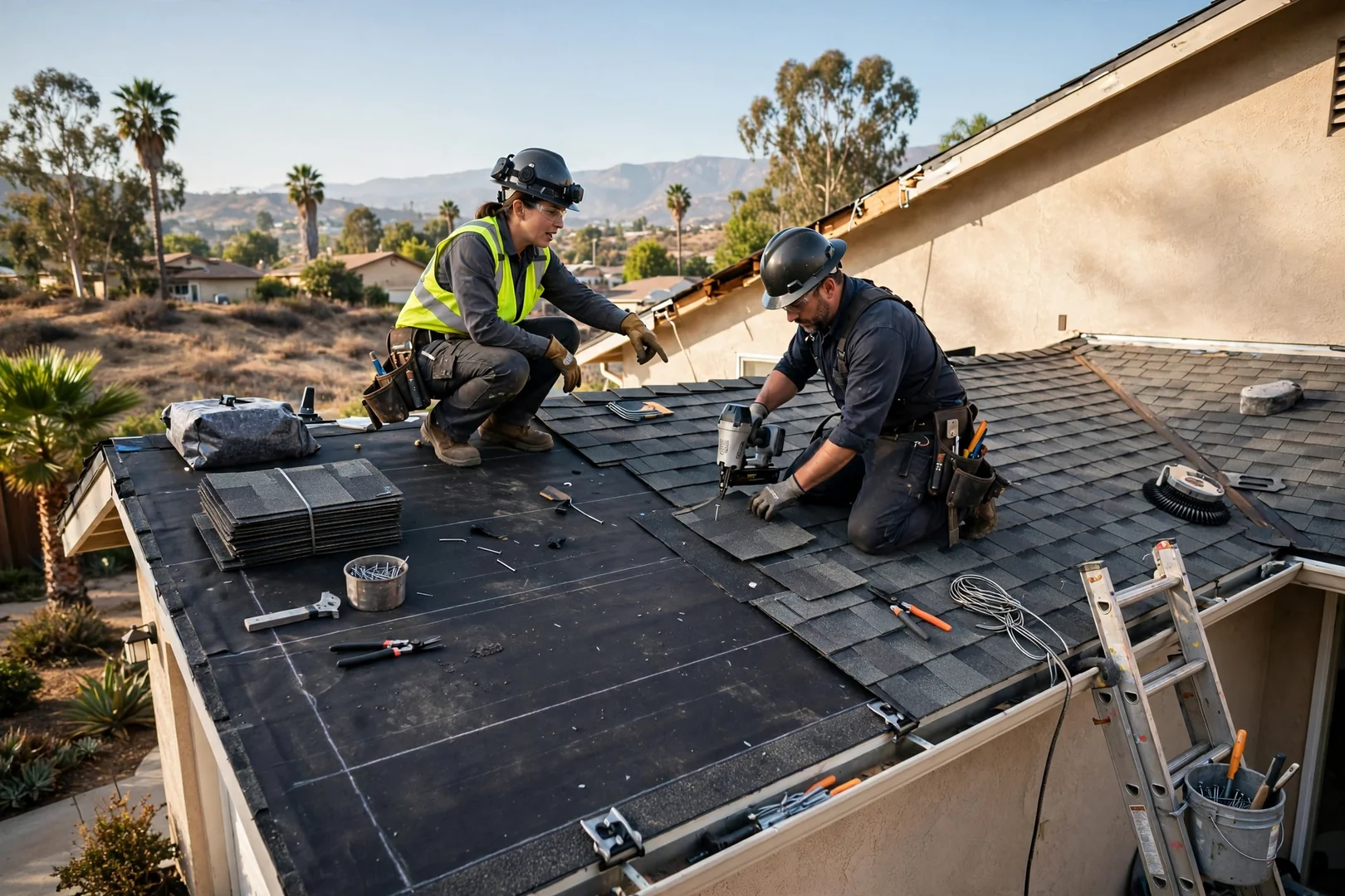 Roofing crew loading materials for scheduled service routes across San Dimas