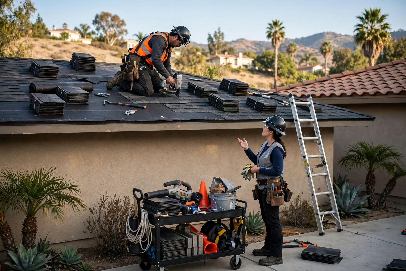 Cracked shingles and worn flashing on an aging San Dimas roof