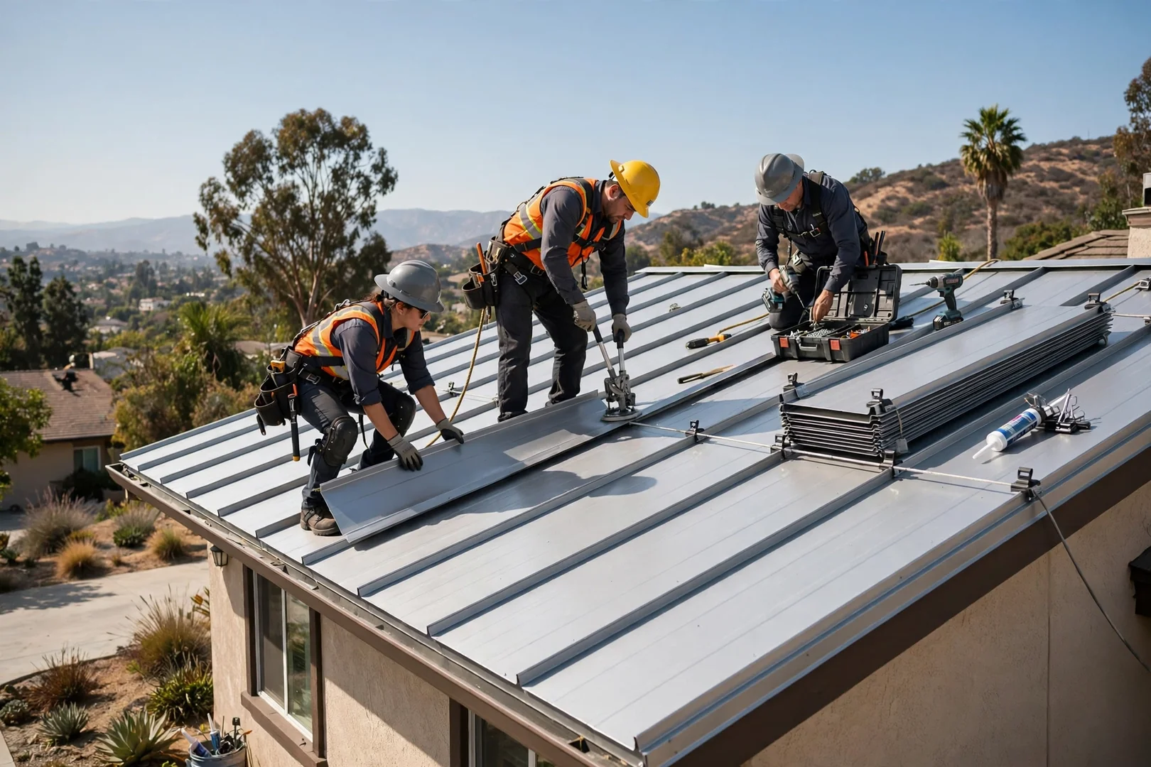 Standing seam metal roof panels installed on a San Dimas residential home under clear skies