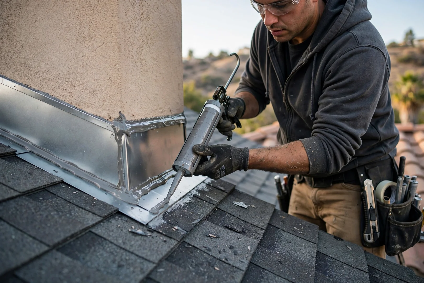 Close-up of new flashing sealed along a chimney with fresh architectural shingles