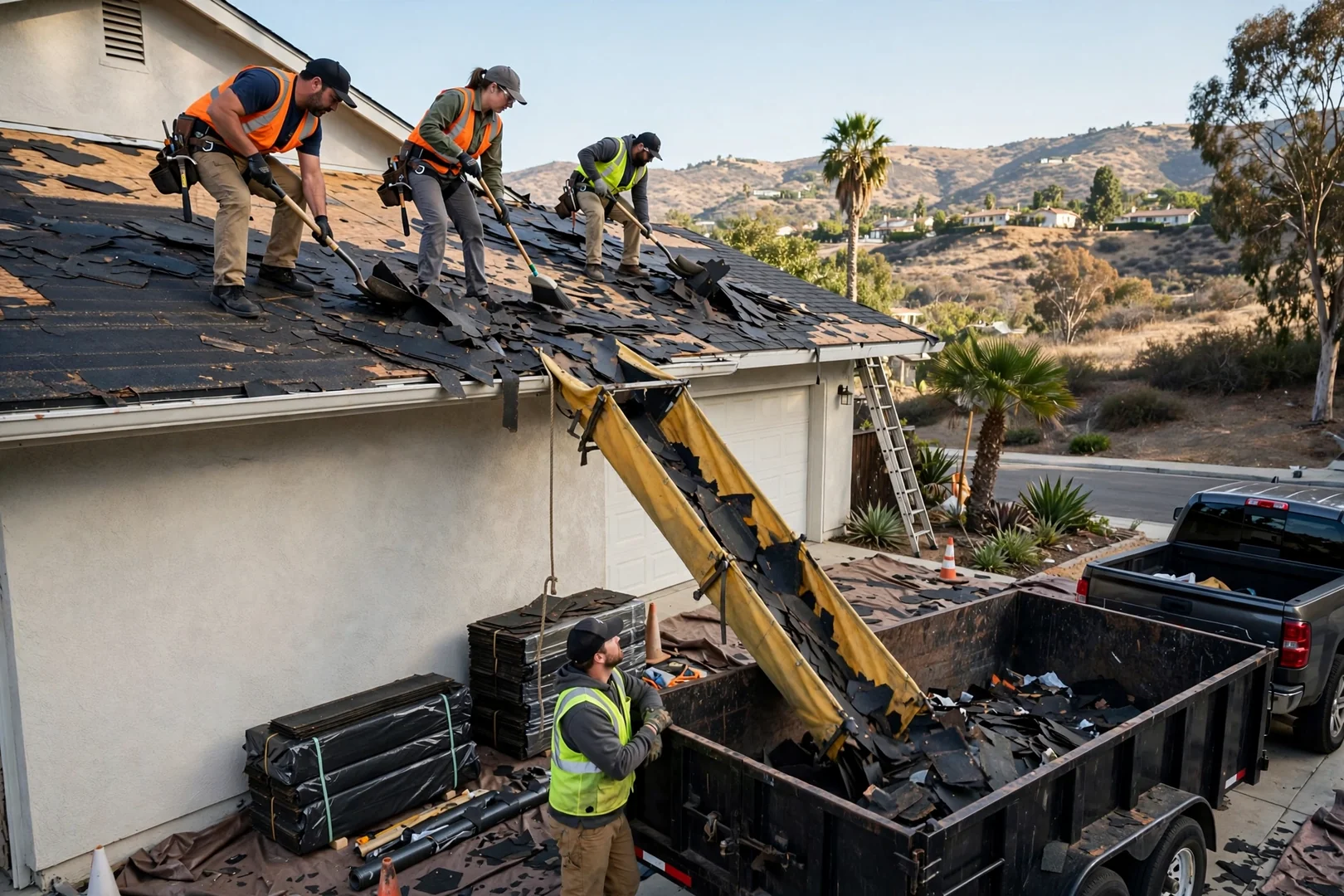 Roofing crew tearing off old shingles with debris chute and dump trailer staged below