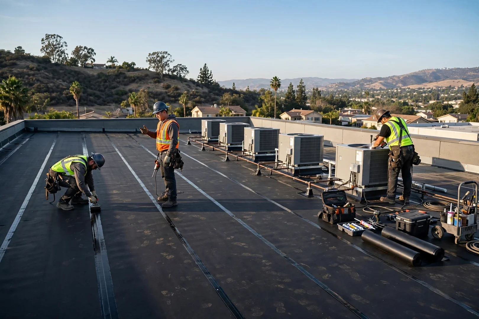 Wide shot of finished low-slope commercial roof with membrane seams and rooftop units