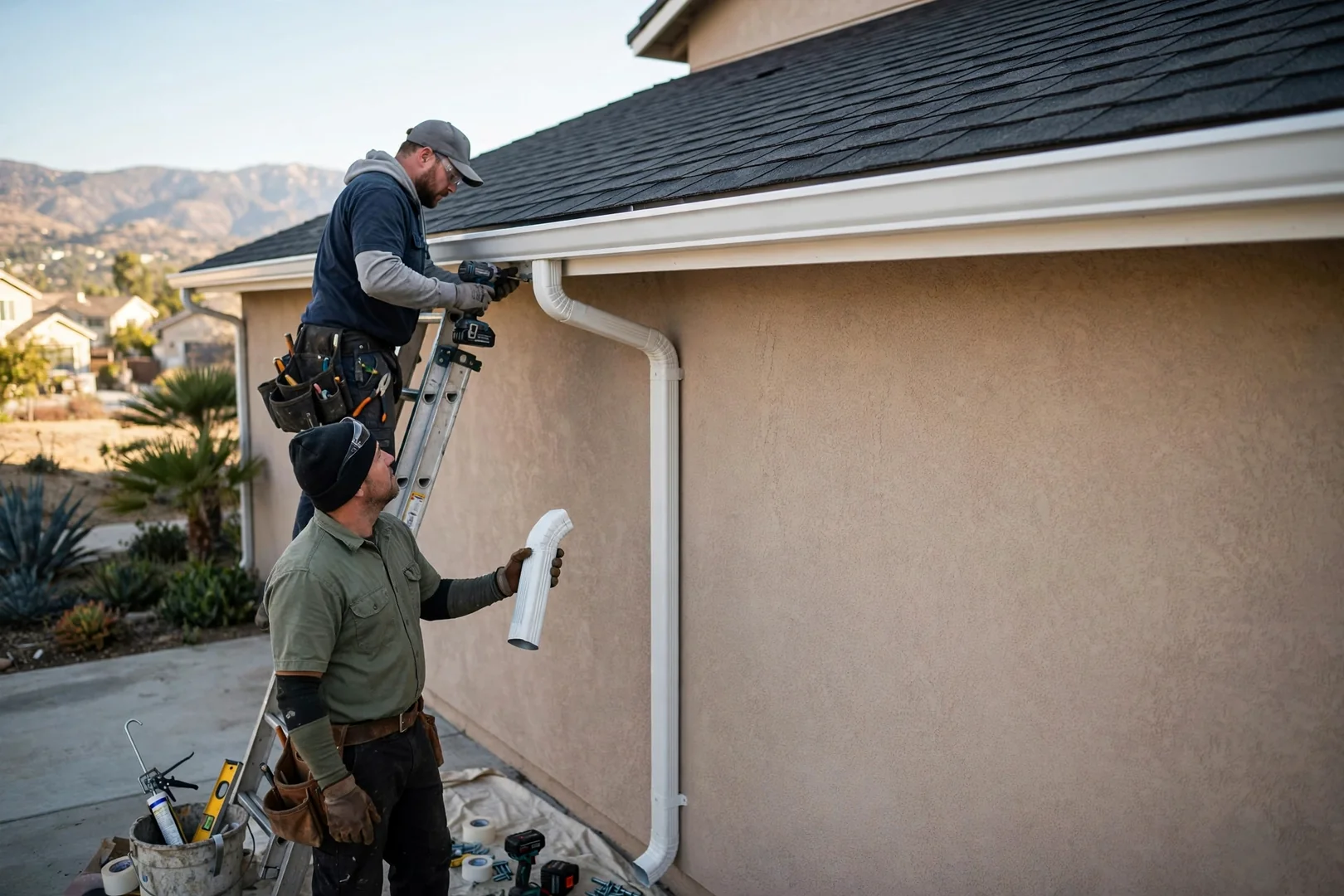 Newly installed seamless gutter and downspout along a freshly shingled roofline edge
