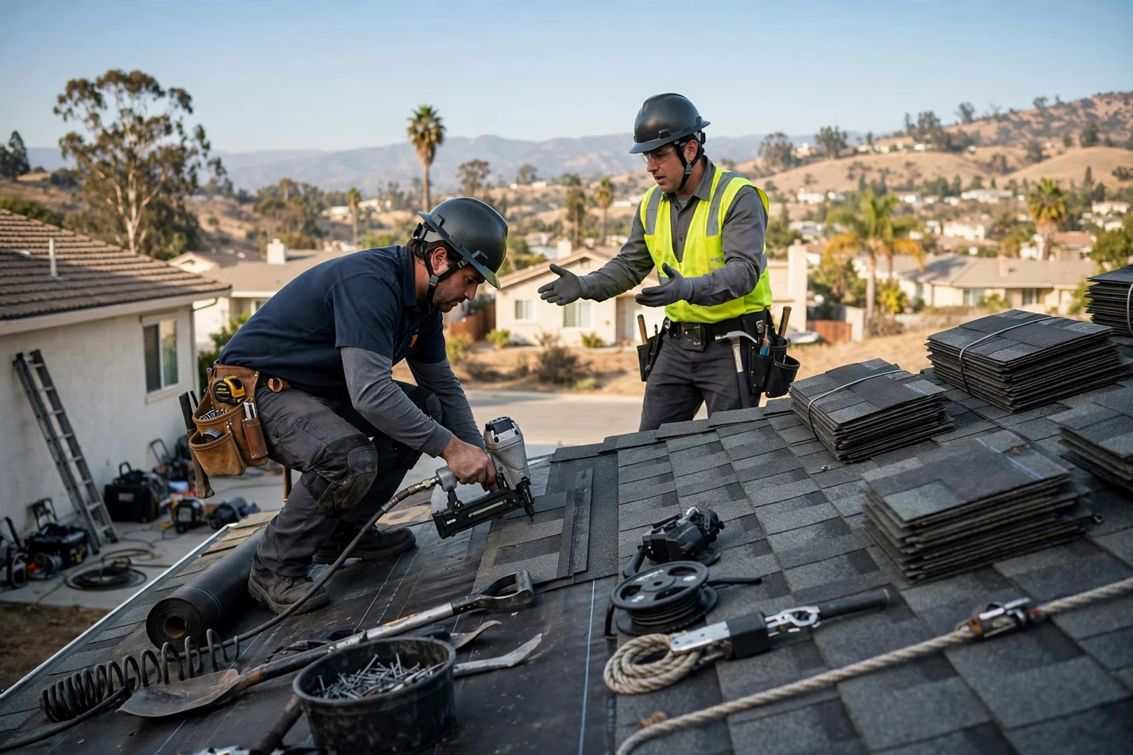 Roofing crew wearing harnesses and hard hats installing underlayment on a San Dimas home