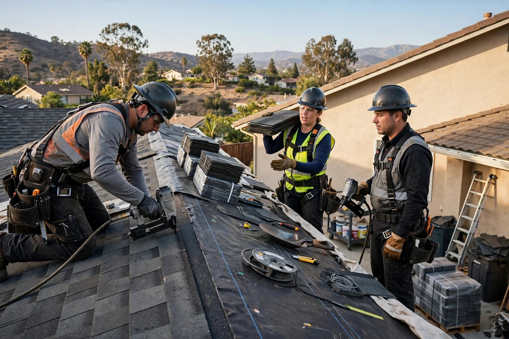 Experienced roofer measuring flashing detail near a chimney on a residential San Dimas roof during a scheduled inspection