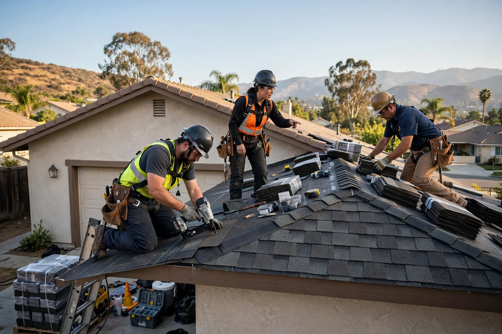 Roofer measuring wind-damaged shingle section on a San Dimas home during a repair estimate