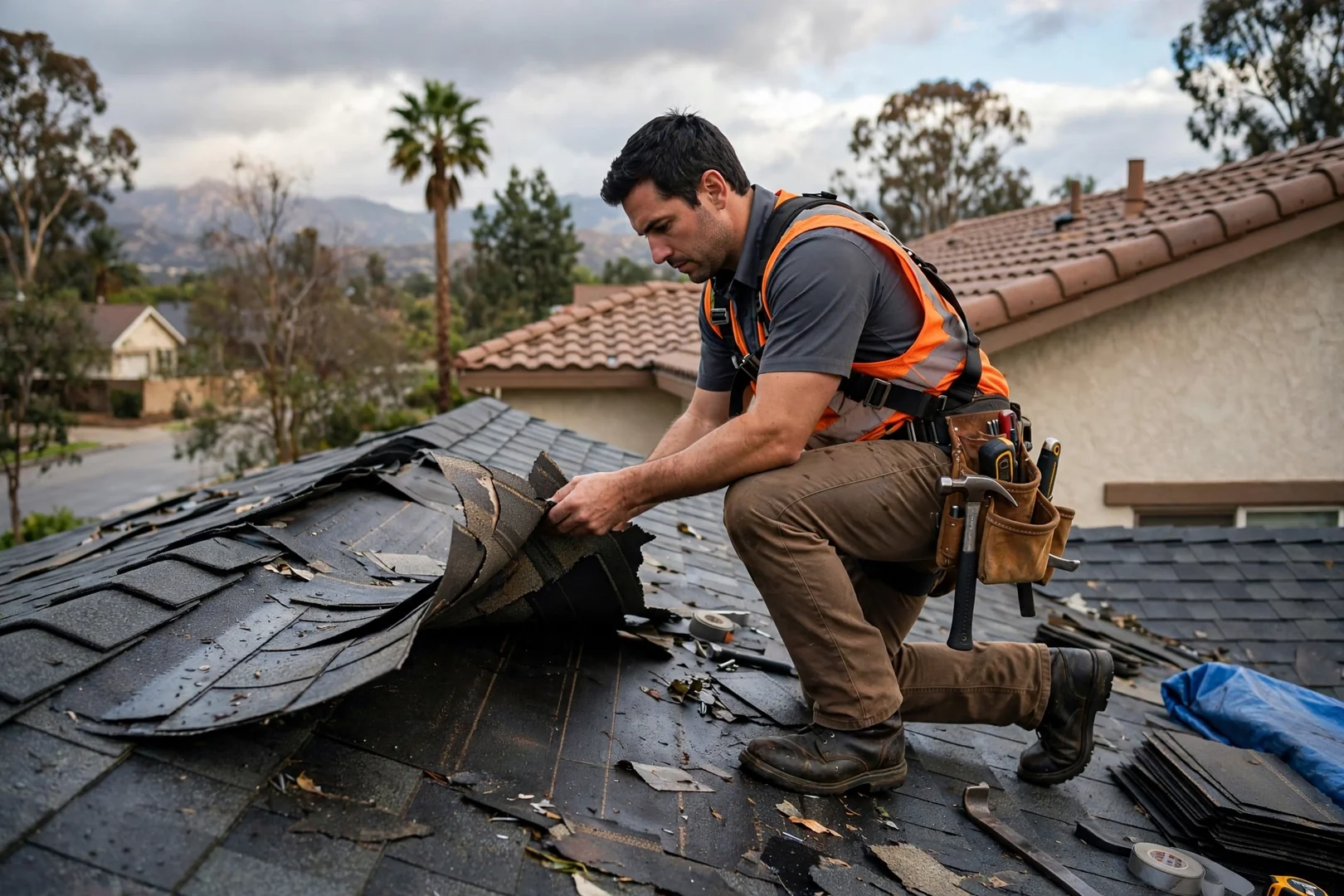 Roofer inspecting wind-lifted shingles on a San Dimas home after a storm